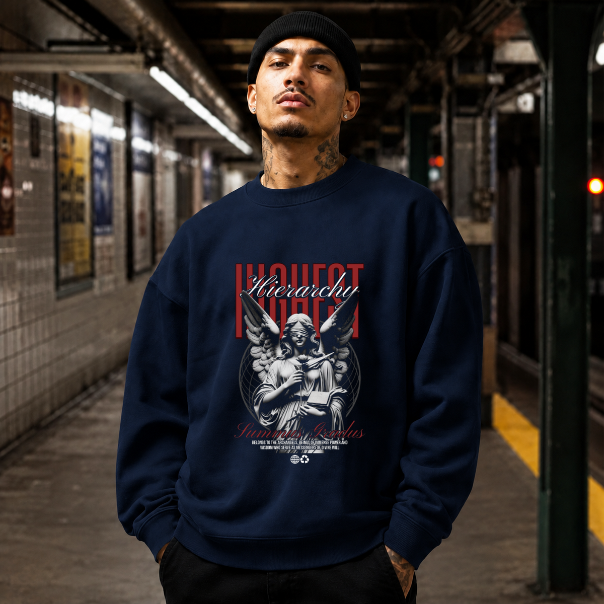Highest Hierarchy Angel Sweatshirt – Dark Editorial / Gothic Streetwear Sweatshirt - Color: navy