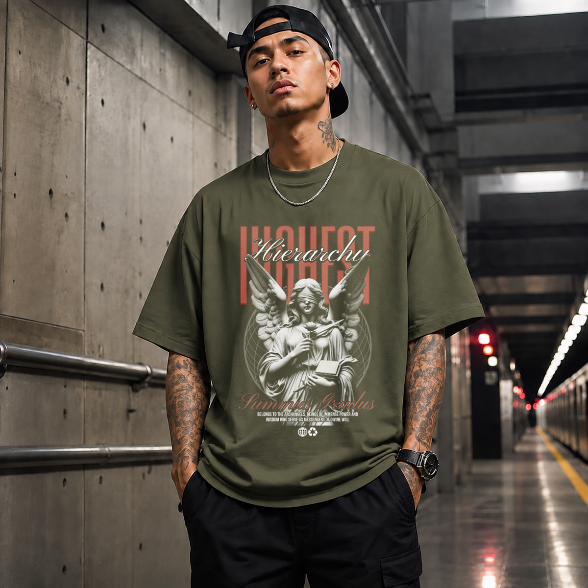 Highest Hierarchy Angel T-Shirt – Dark Editorial / Gothic Streetwear Tee - Color: Military Green