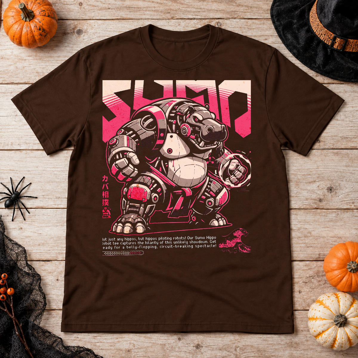 Hippo Sumo Wrestler Japan Anime Style Wild Sport T-Shirt – Dark Streetwear Graphic Design Graphic Tee - Color: chocolate