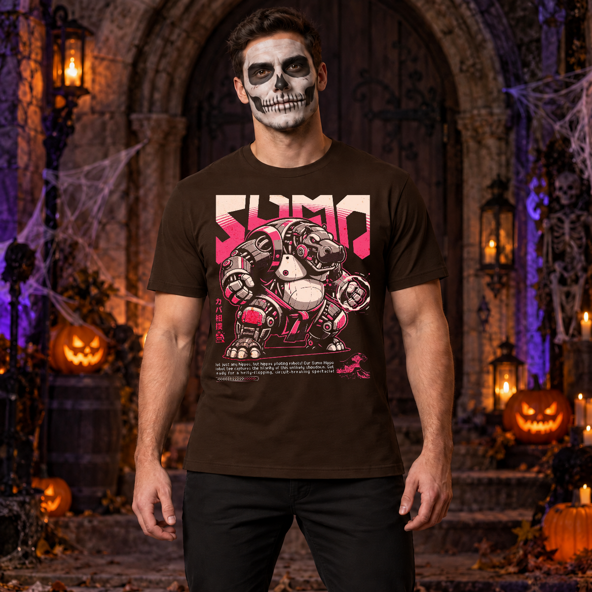 Hippo Sumo Wrestler Japan Anime Style Wild Sport T-Shirt – Dark Streetwear Graphic Design Graphic Tee - Color: chocolate