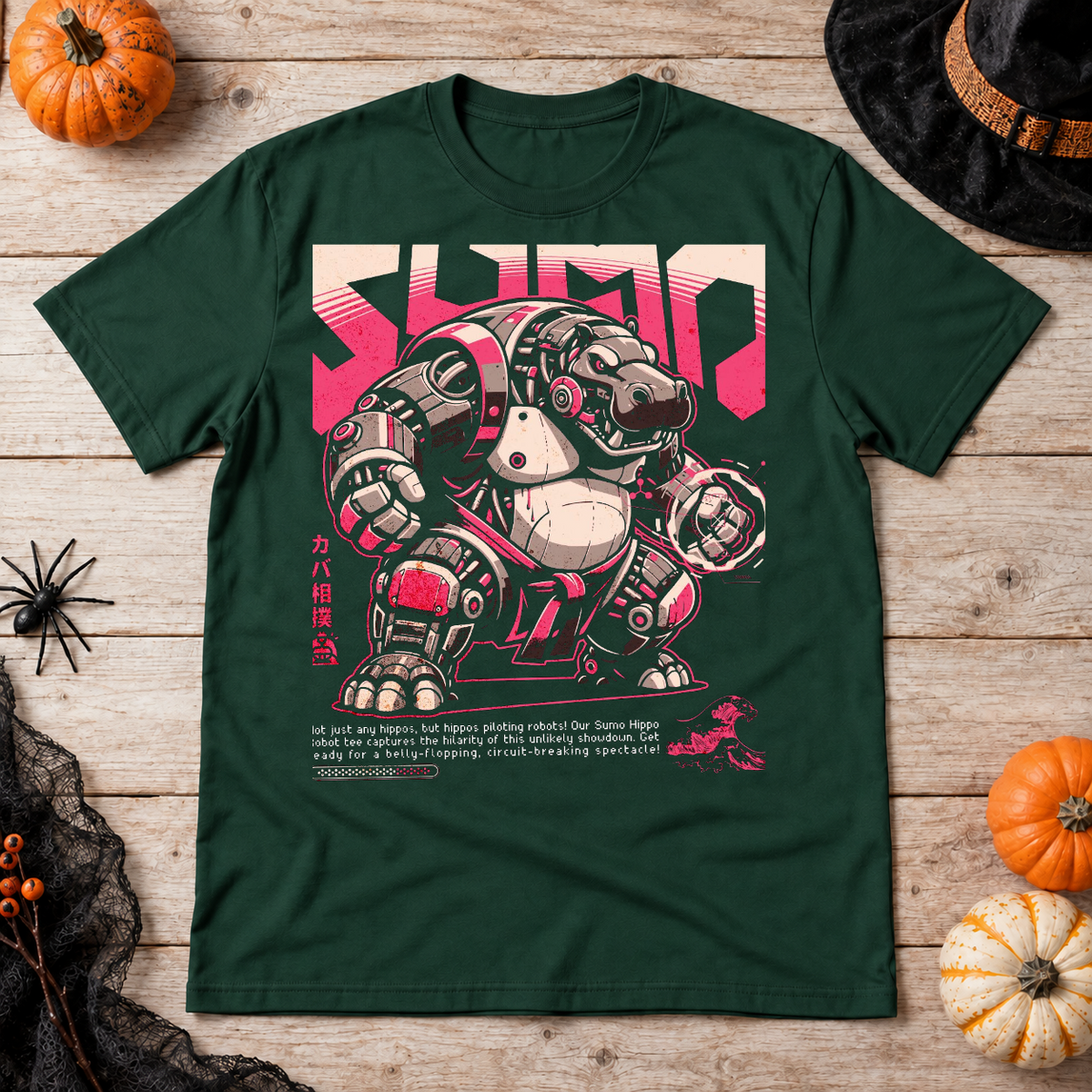 Hippo Sumo Wrestler Japan Anime Style Wild Sport T-Shirt – Dark Streetwear Graphic Design Graphic Tee - Color: forest green