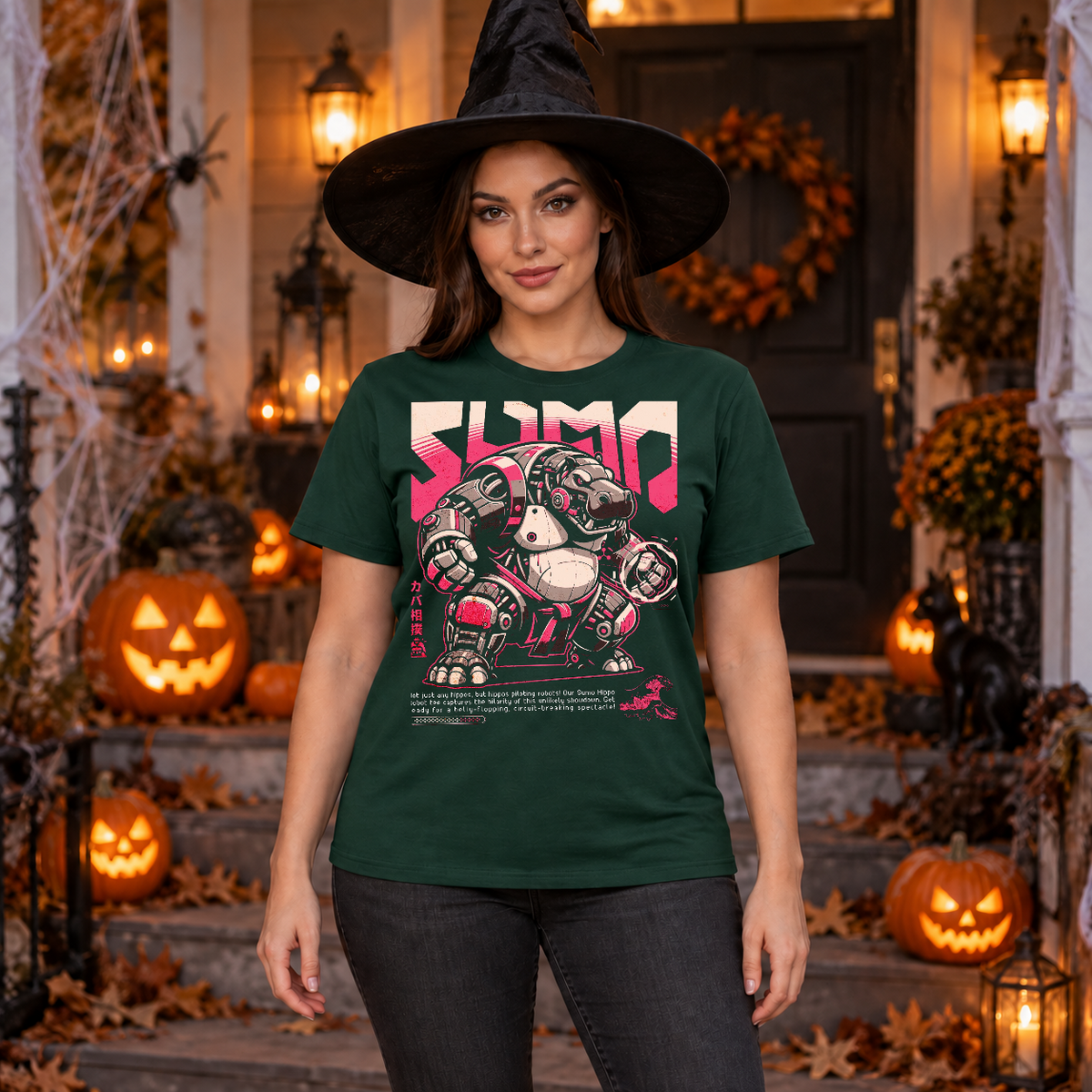 Hippo Sumo Wrestler Japan Anime Style Wild Sport T-Shirt – Dark Streetwear Graphic Design Graphic Tee - Color: forest green