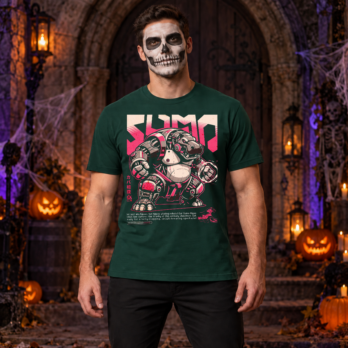 Hippo Sumo Wrestler Japan Anime Style Wild Sport T-Shirt – Dark Streetwear Graphic Design Graphic Tee - Color: forest green