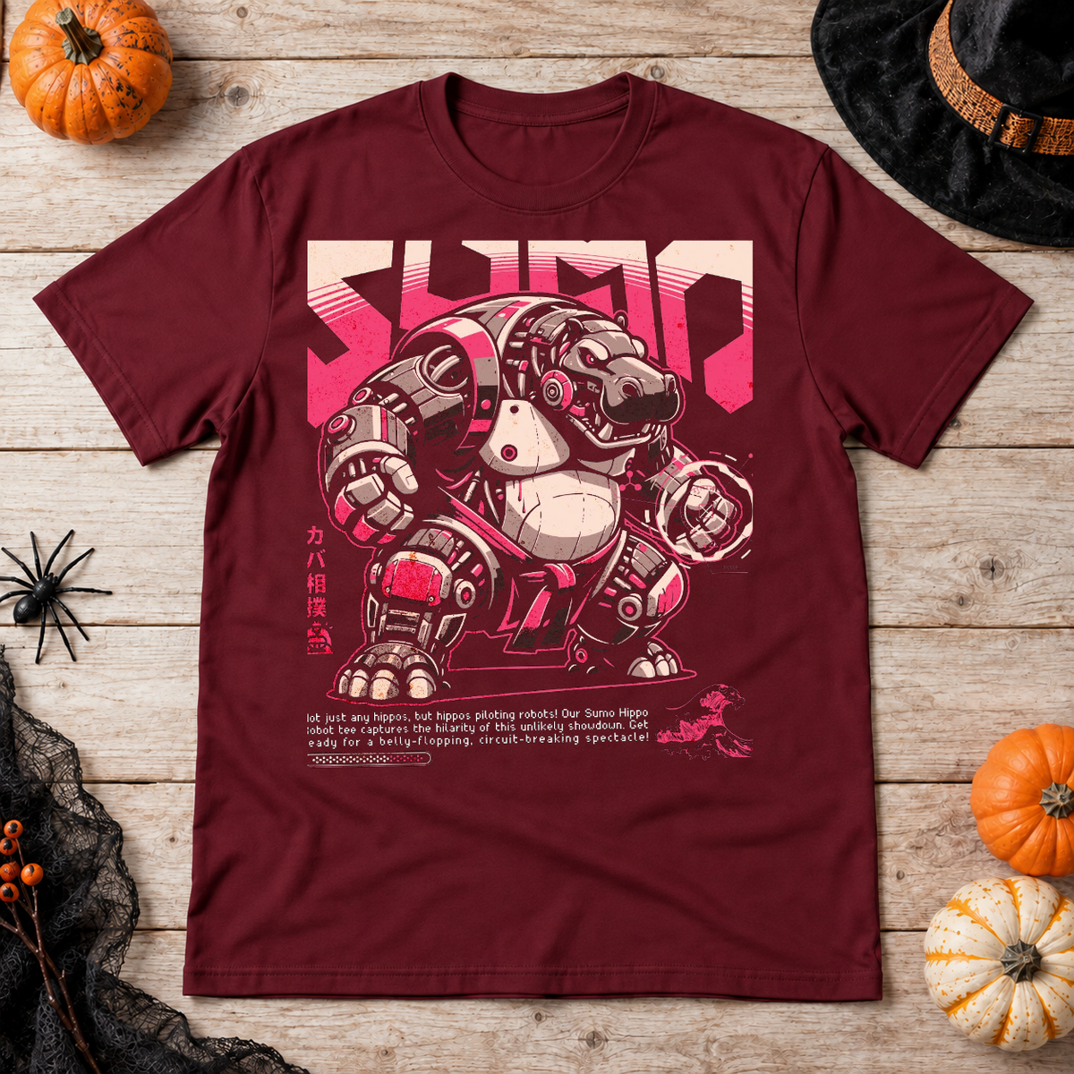 Hippo Sumo Wrestler Japan Anime Style Wild Sport T-Shirt – Dark Streetwear Graphic Design Graphic Tee - Color: maroon