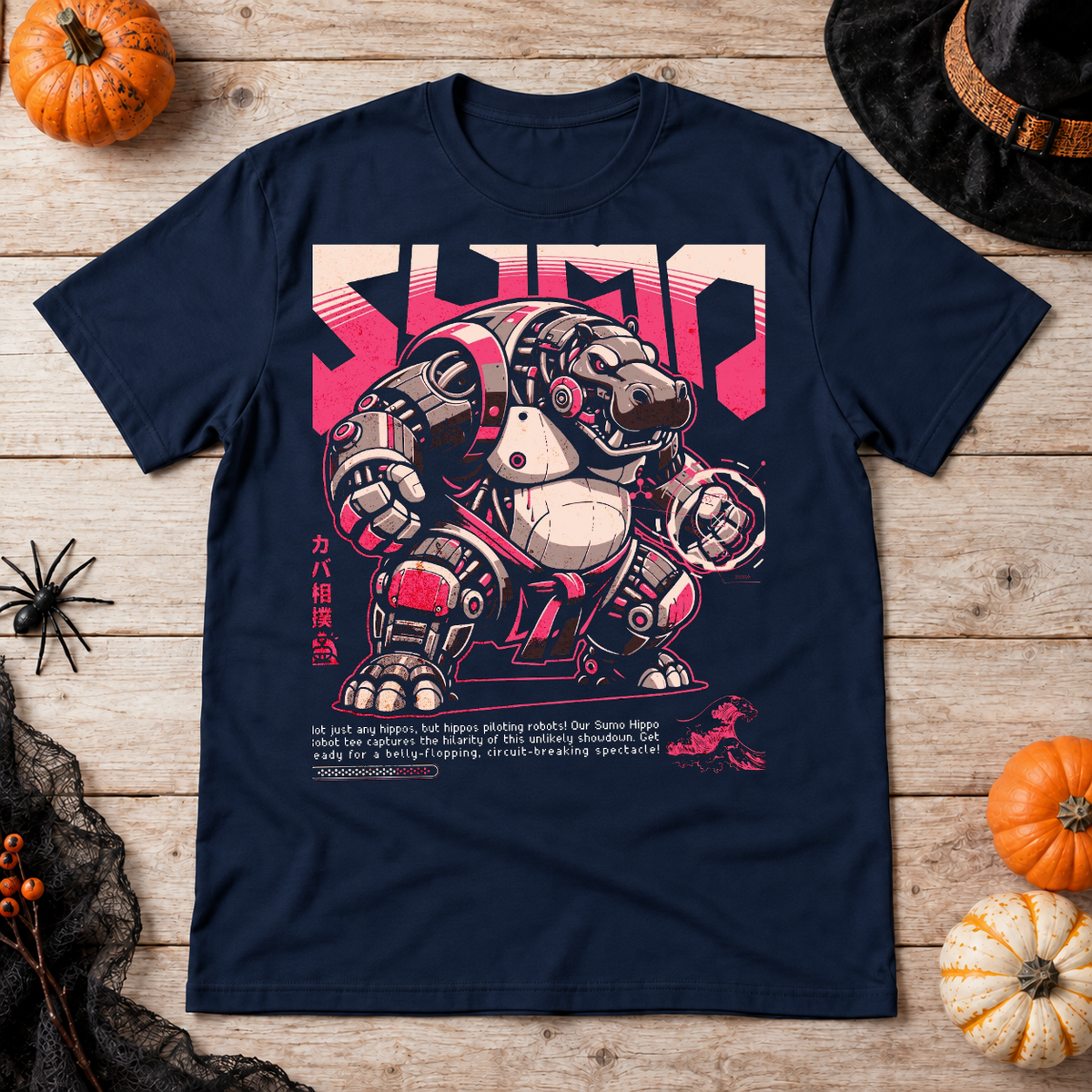 Hippo Sumo Wrestler Japan Anime Style Wild Sport T-Shirt – Dark Streetwear Graphic Design Graphic Tee - Color: navy