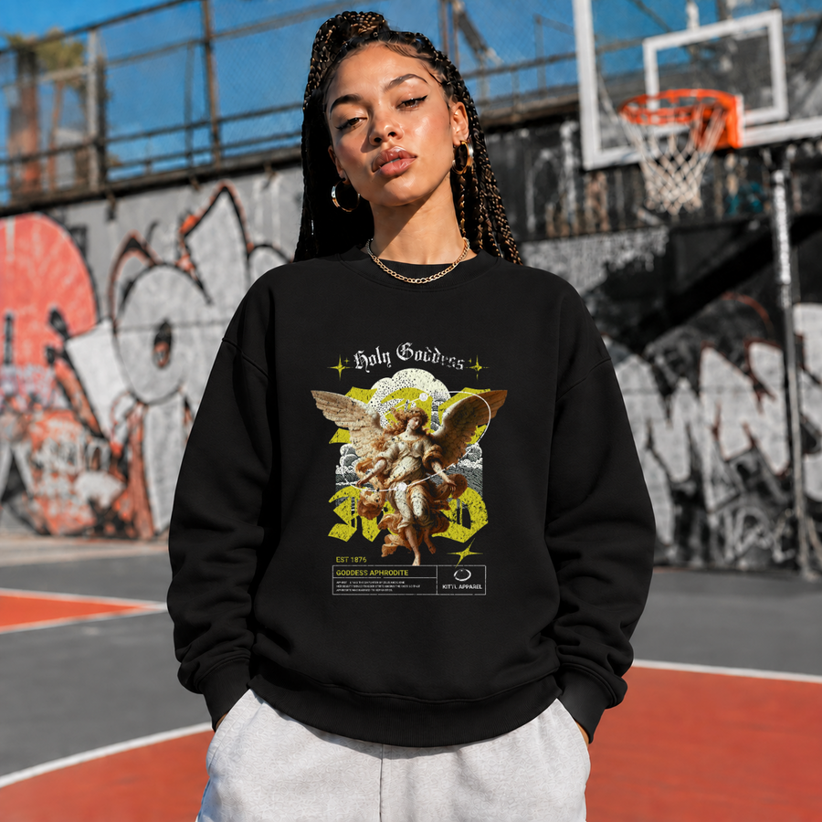Holy Goddess Sweatshirt – Religious Imagery Collage Graphic Sweatshirt - Color: black