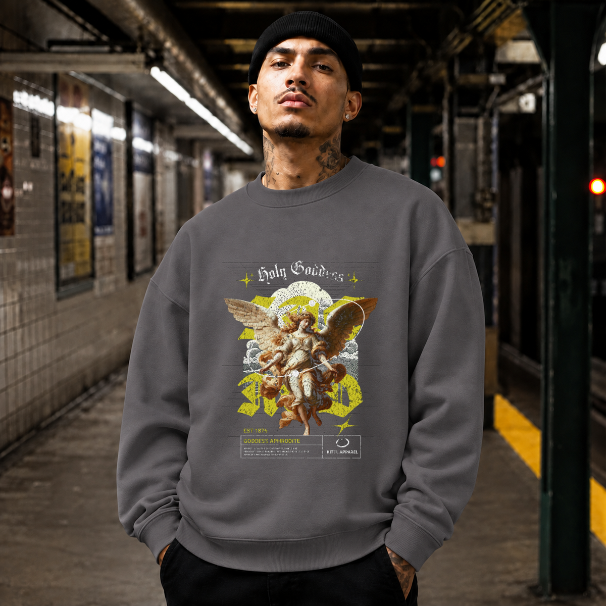 Holy Goddess Sweatshirt – Religious Imagery Collage Graphic Sweatshirt - Color: charcoal