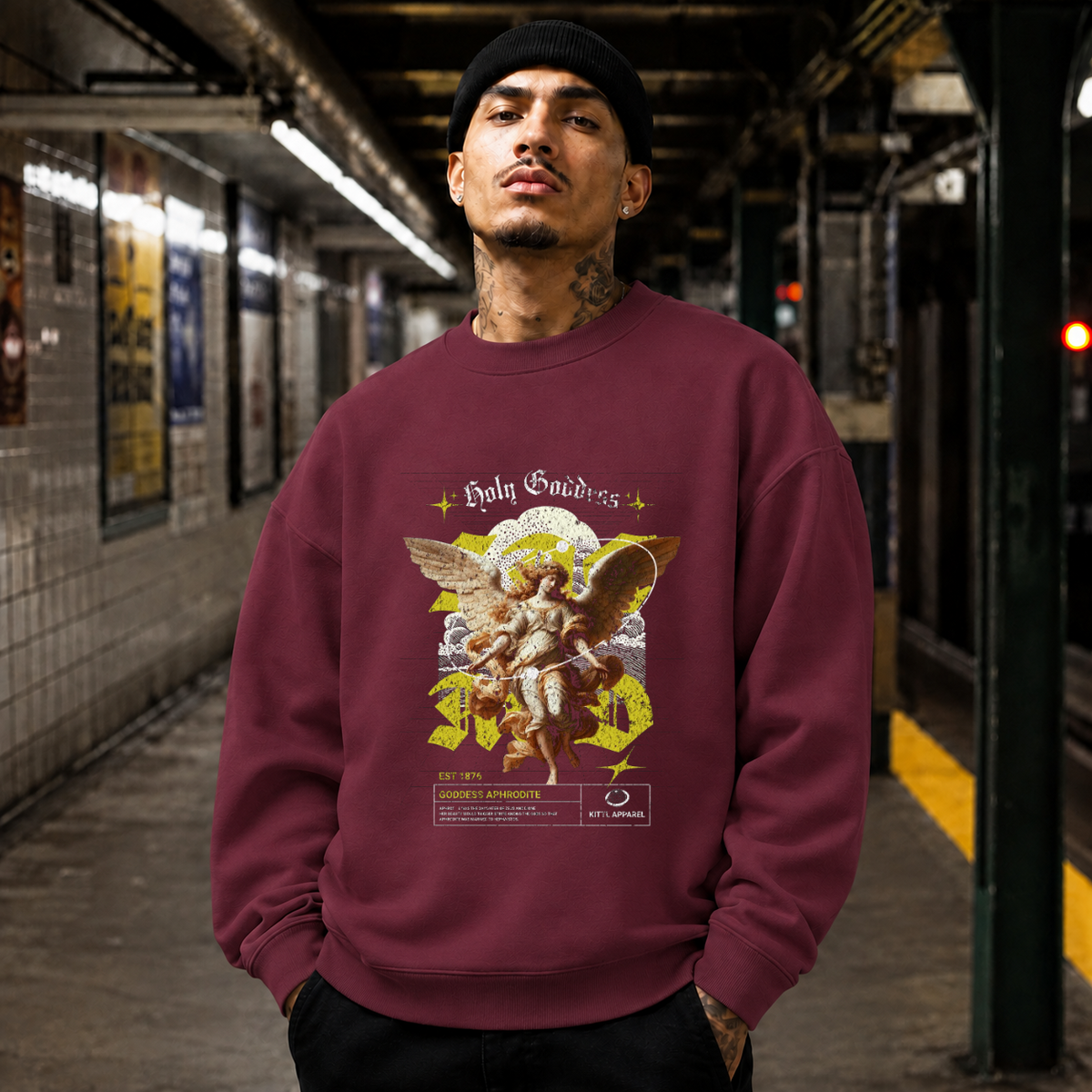 Holy Goddess Sweatshirt – Religious Imagery Collage Graphic Sweatshirt - Color: maroon