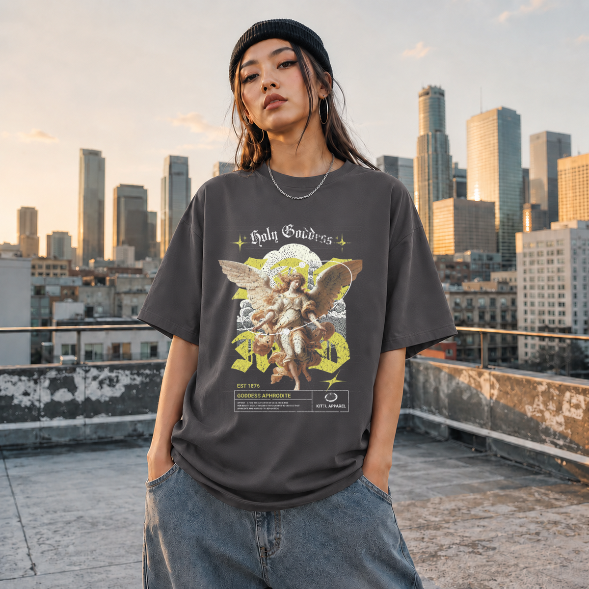 Holy Goddess T-Shirt – Religious Imagery Collage Graphic Tee - Color: Charcoal