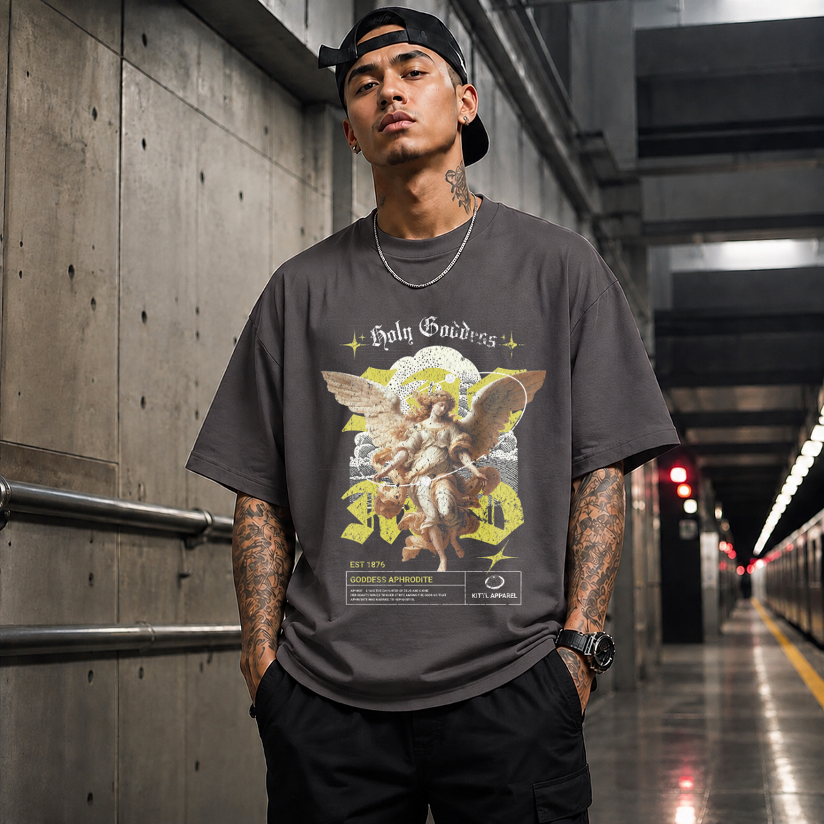 Holy Goddess T-Shirt – Religious Imagery Collage Graphic Tee - Color: Charcoal