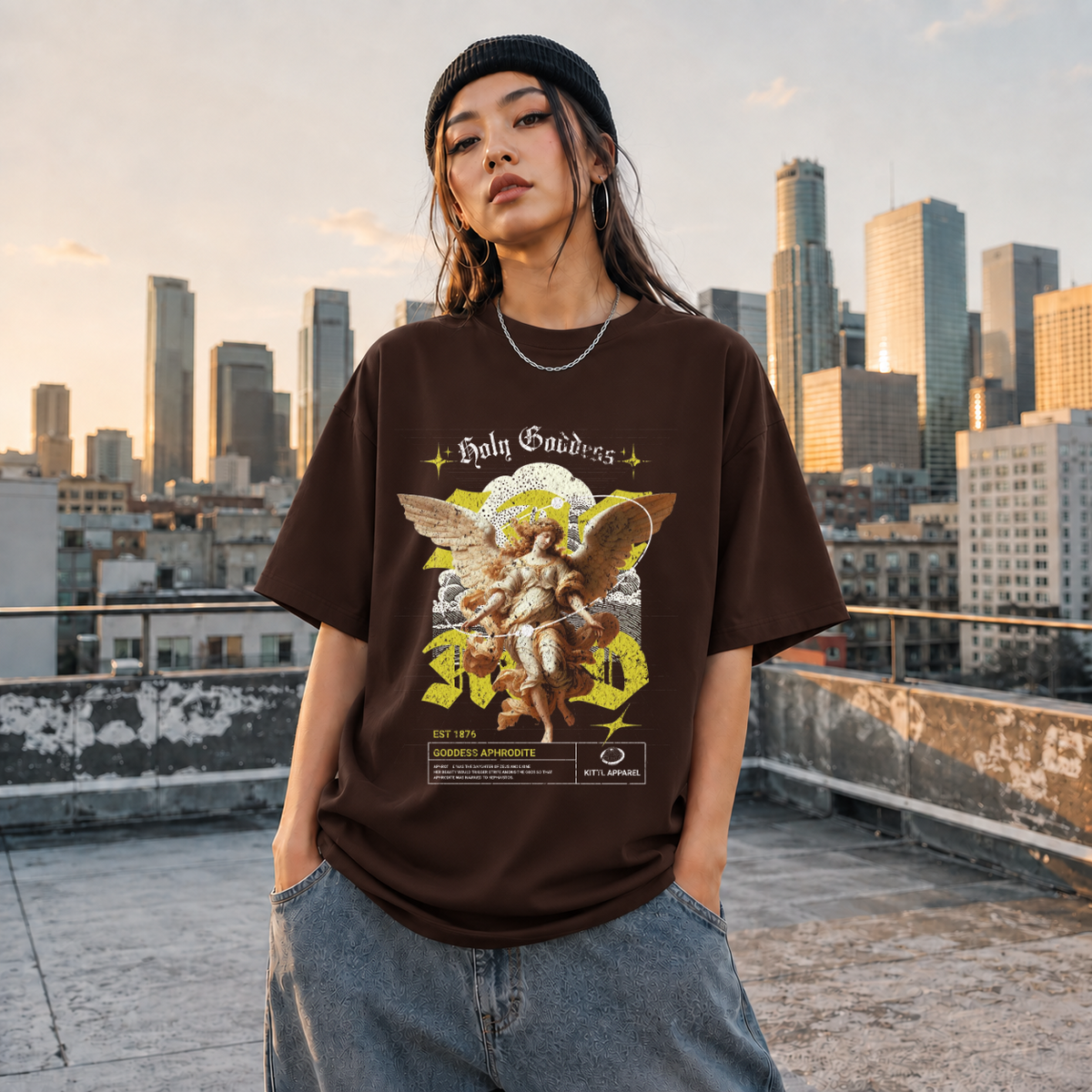 Holy Goddess T-Shirt – Religious Imagery Collage Graphic Tee - Color: Dark Chocolate