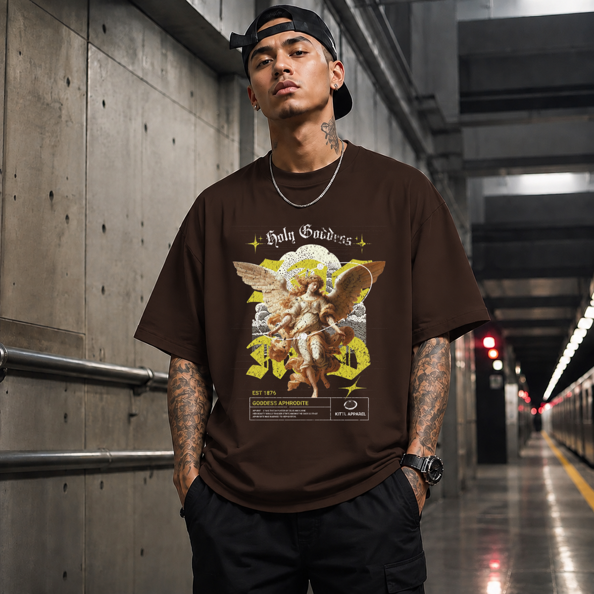 Holy Goddess T-Shirt – Religious Imagery Collage Graphic Tee - Color: Dark Chocolate