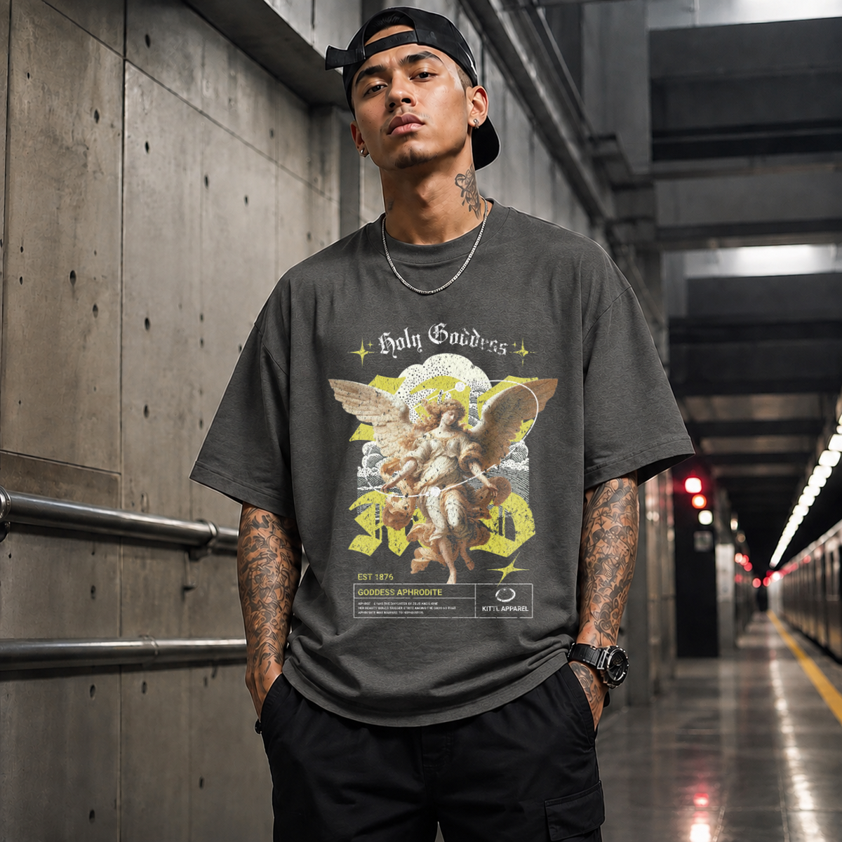Holy Goddess T-Shirt – Religious Imagery Collage Graphic Tee - Color: Dark Heather