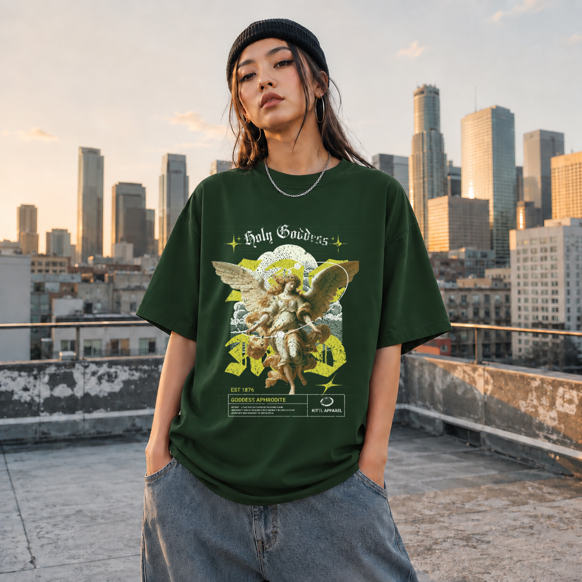 Holy Goddess T-Shirt – Religious Imagery Collage Graphic Tee - Color: Forest Green