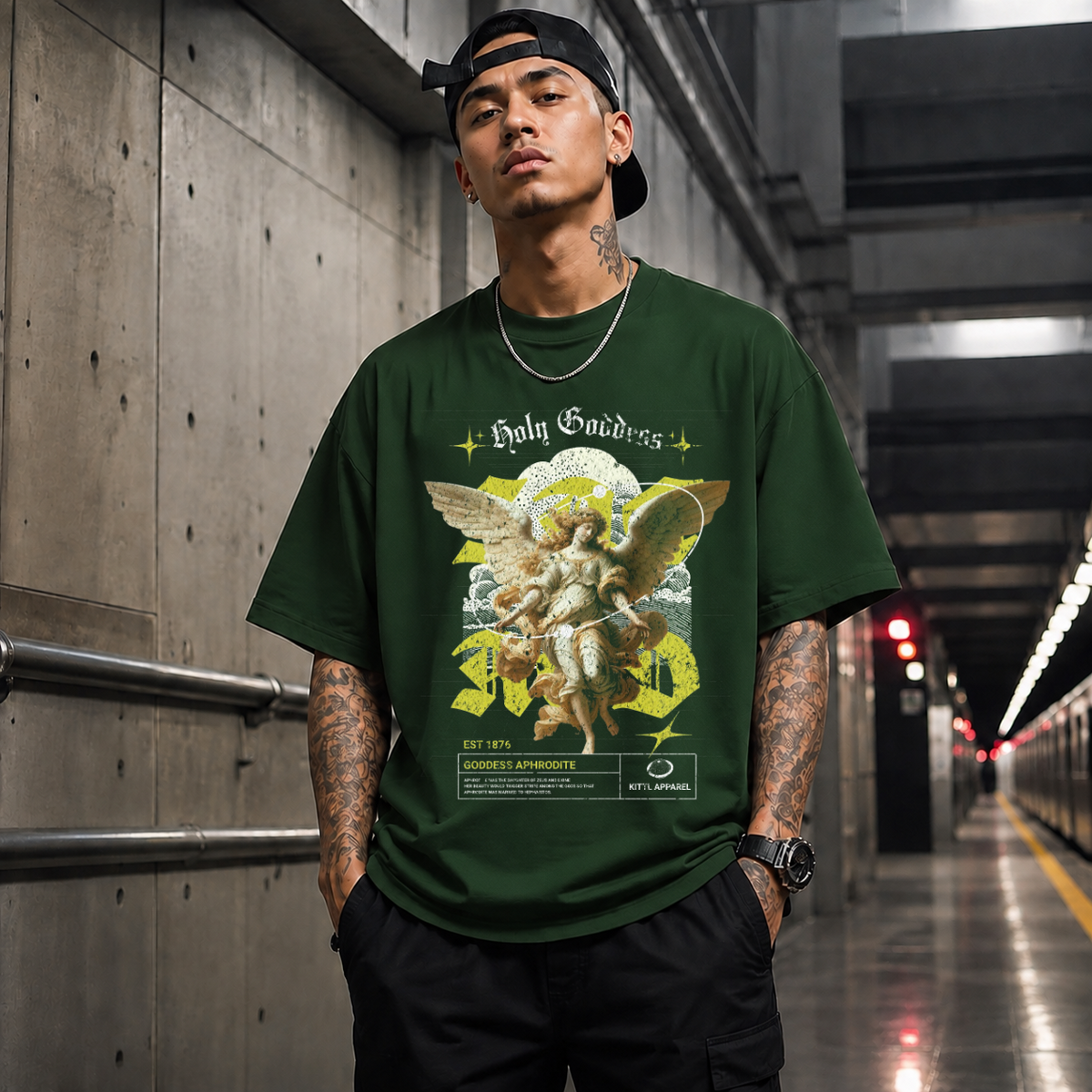 Holy Goddess T-Shirt – Religious Imagery Collage Graphic Tee - Color: Forest Green