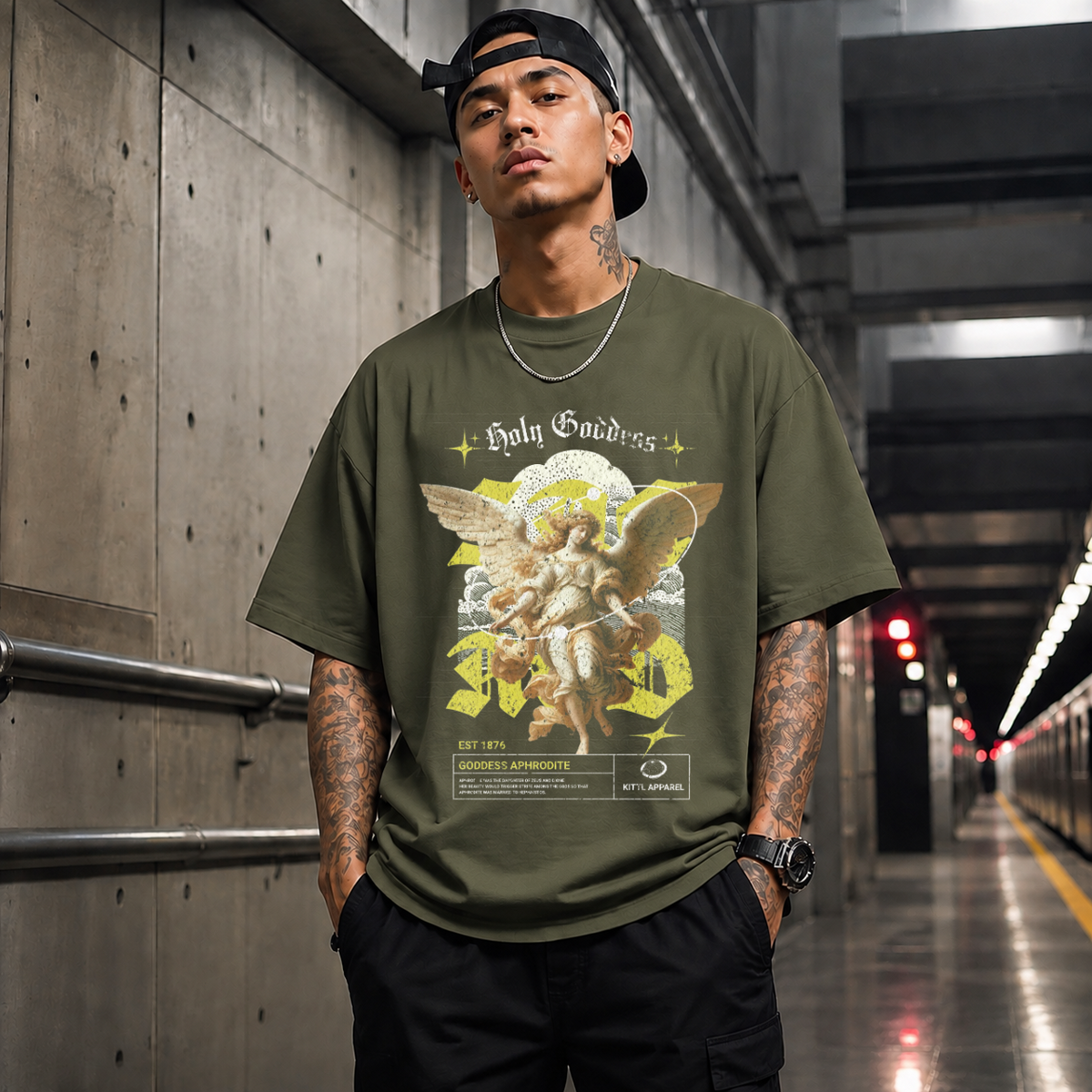 Holy Goddess T-Shirt – Religious Imagery Collage Graphic Tee - Color: Military Green