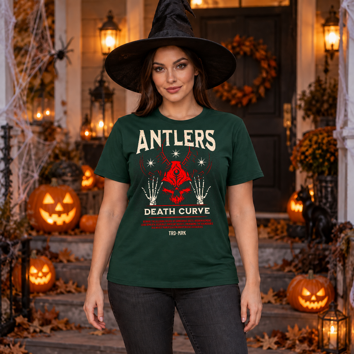 Horror Skull Drawing T-Shirt – Skull & Reaper Gothic Graphic Graphic Tee - Color: forest green