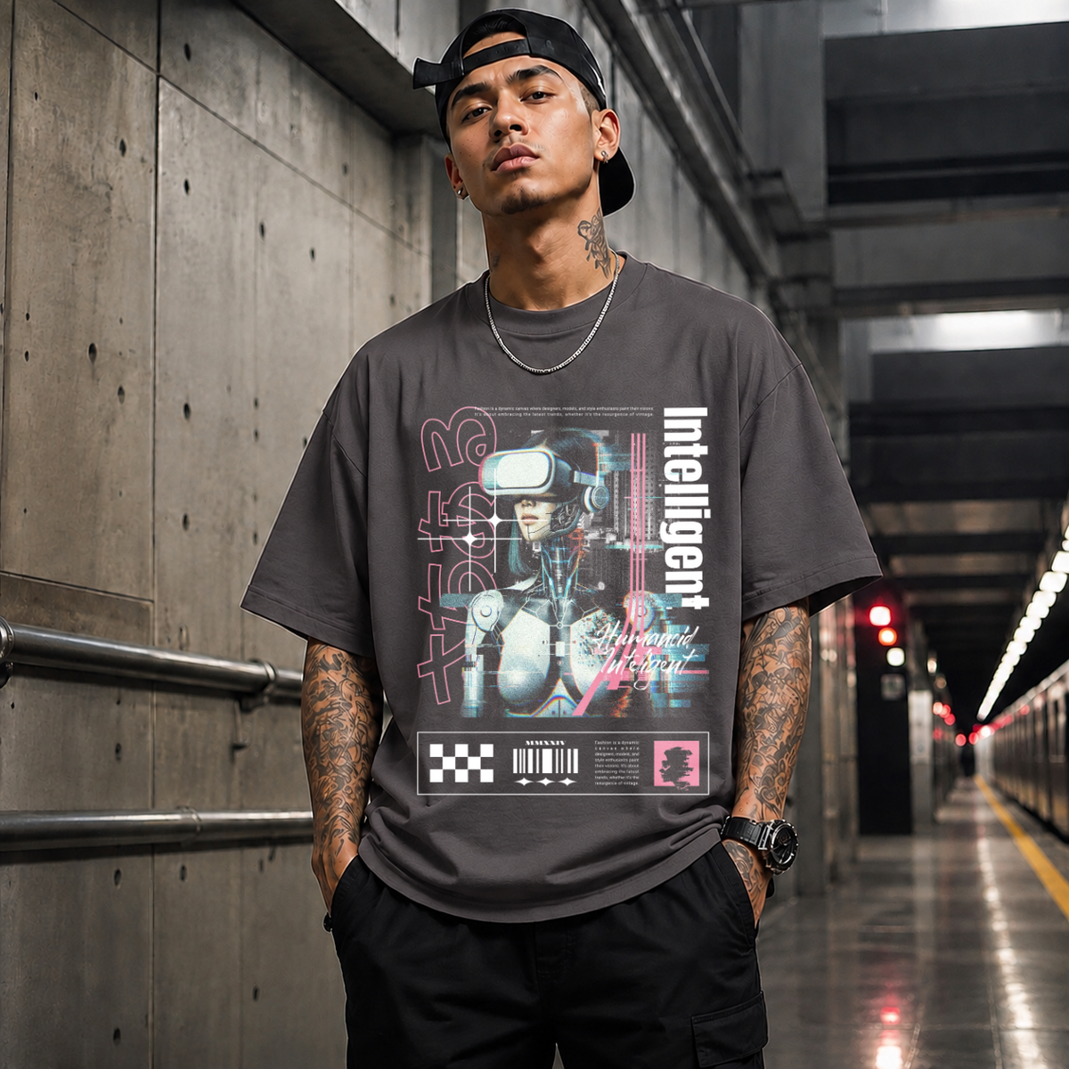 Humanoid Intelligent Cyborg T-Shirt – Vintage Y2K / Acid Graphic Streetwear Tee - Color: Charcoal