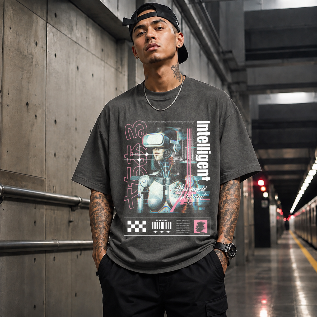 Humanoid Intelligent Cyborg T-Shirt – Vintage Y2K / Acid Graphic Streetwear Tee - Color: Dark Heather