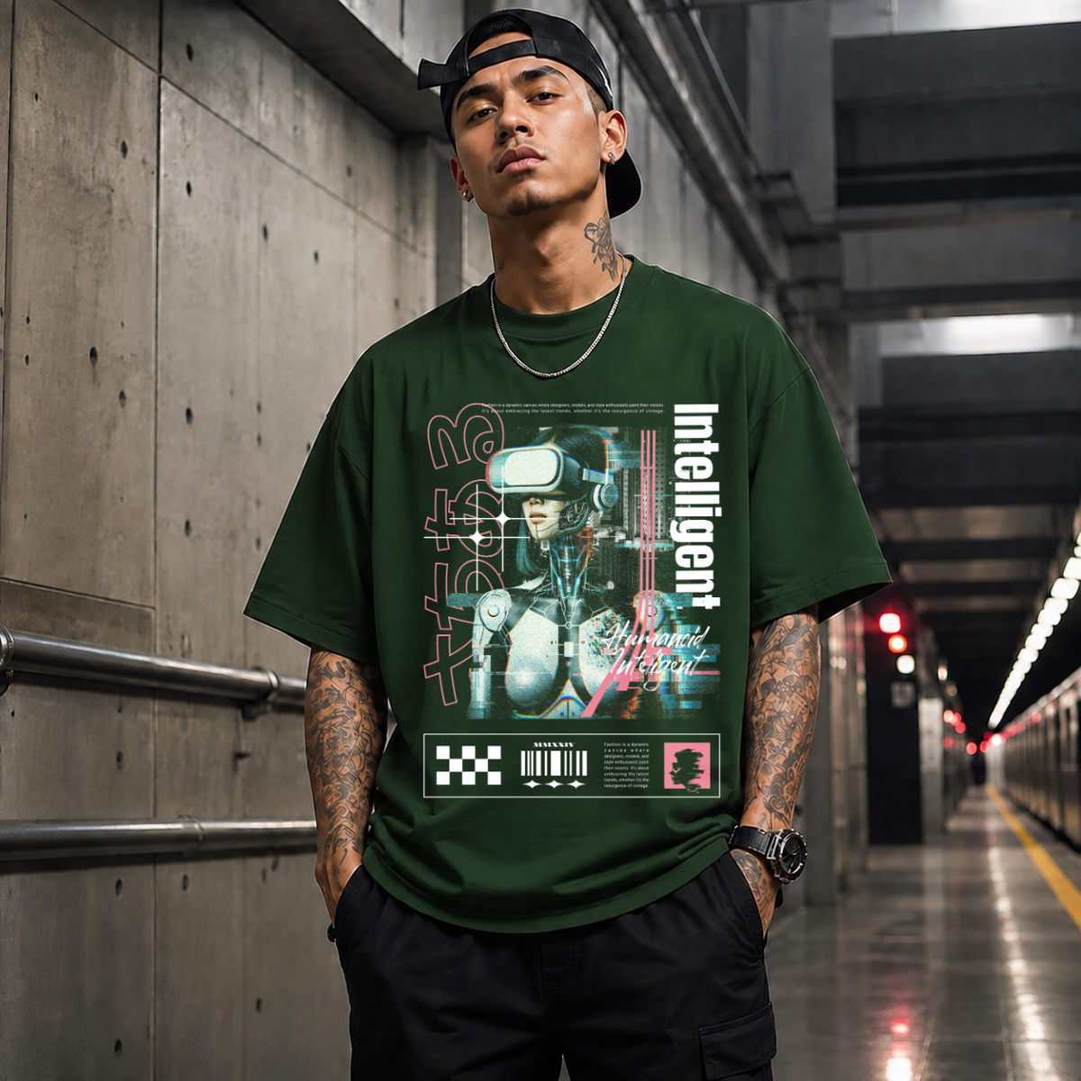 Humanoid Intelligent Cyborg T-Shirt – Vintage Y2K / Acid Graphic Streetwear Tee - Color: Forest Green
