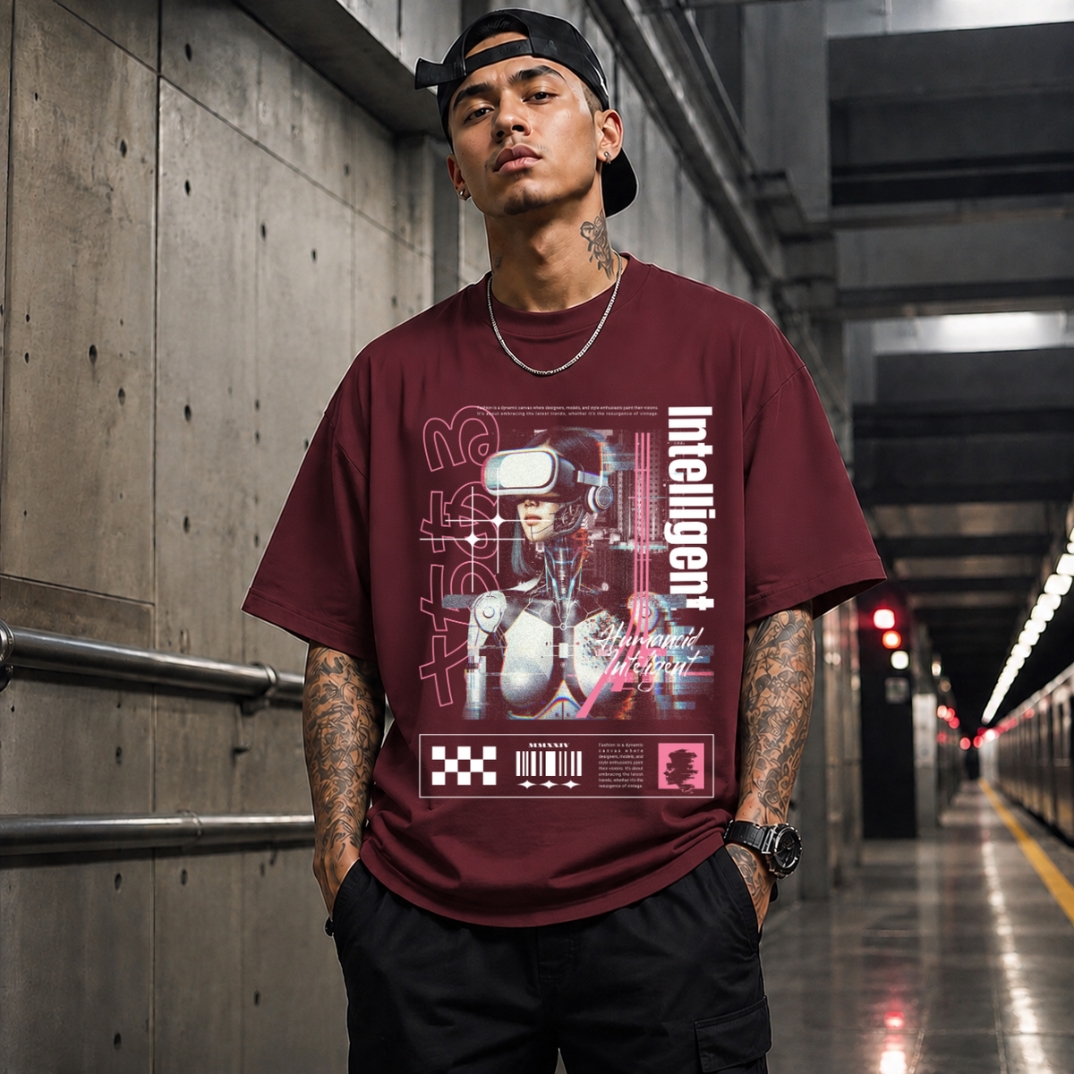 Humanoid Intelligent Cyborg T-Shirt – Vintage Y2K / Acid Graphic Streetwear Tee - Color: Maroon