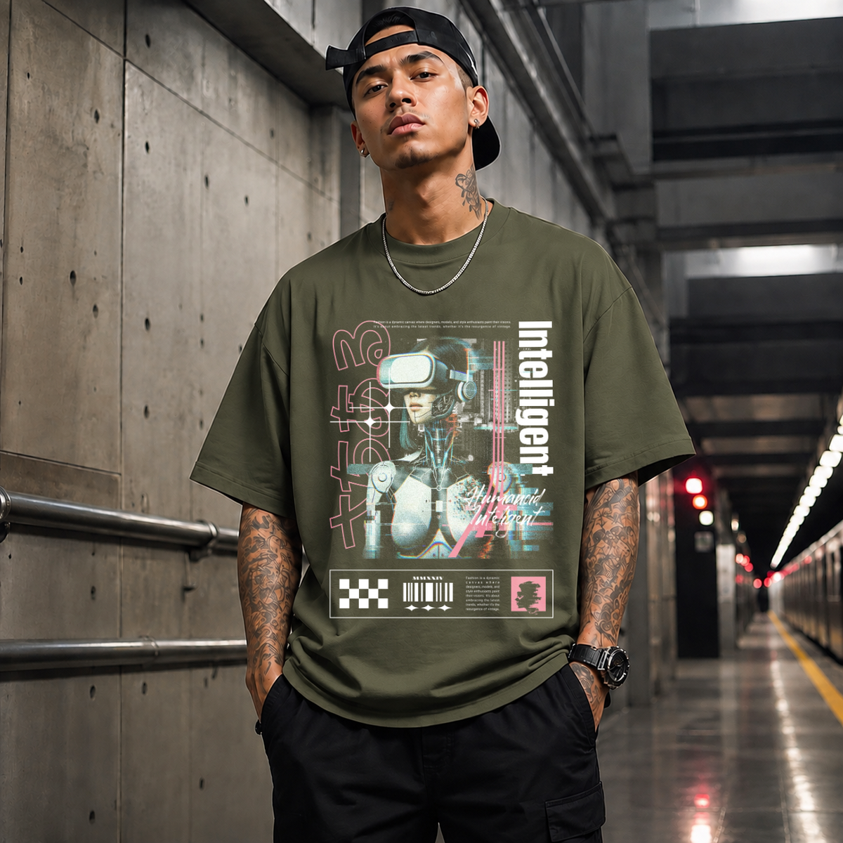 Humanoid Intelligent Cyborg T-Shirt – Vintage Y2K / Acid Graphic Streetwear Tee - Color: Military Green