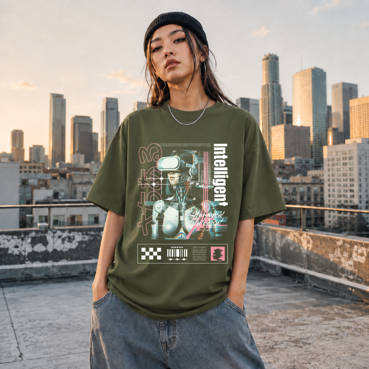 Humanoid Intelligent Cyborg T-Shirt – Vintage Y2K / Acid Graphic Streetwear Tee - Color: Millitary Green