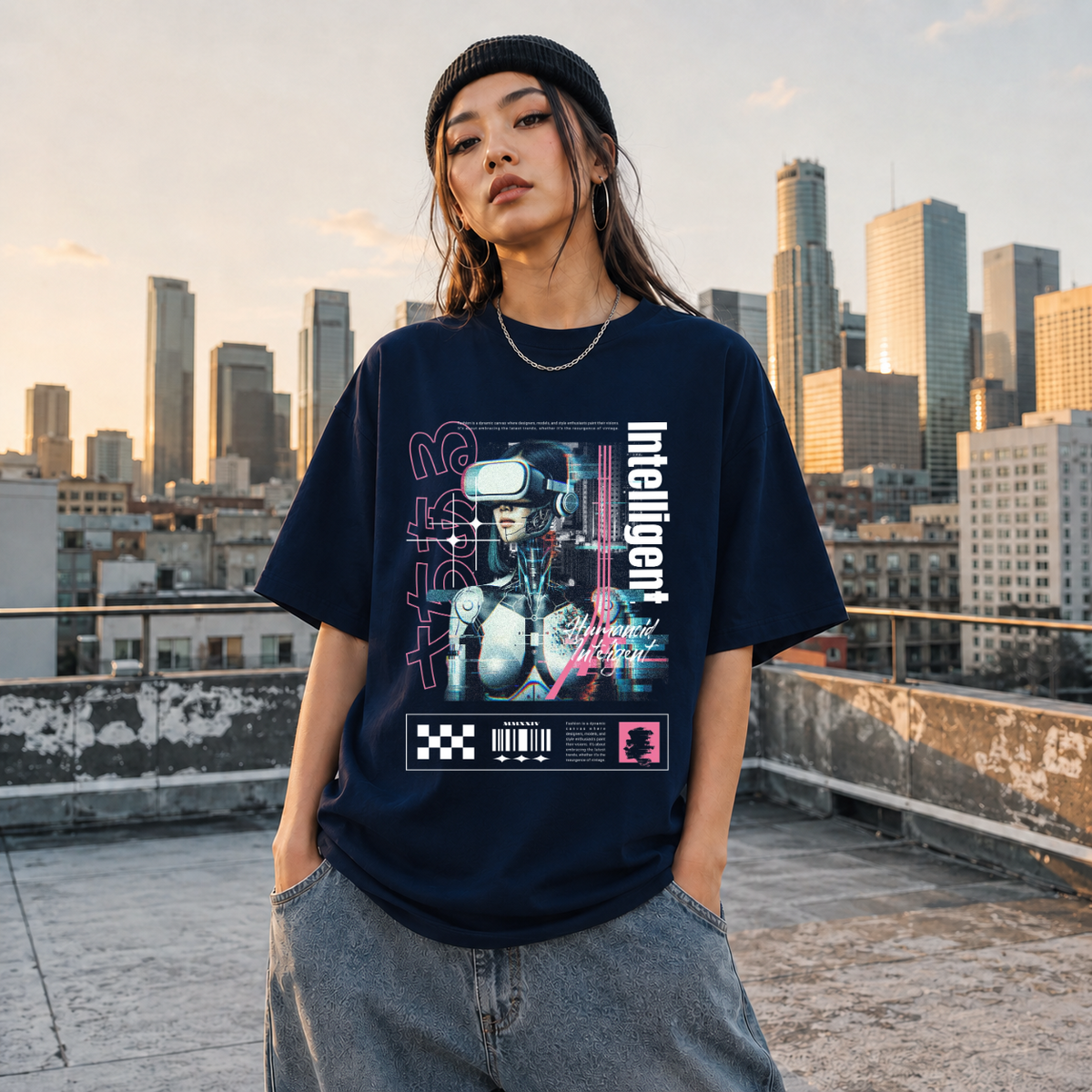 Humanoid Intelligent Cyborg T-Shirt – Vintage Y2K / Acid Graphic Streetwear Tee - Color: Navy
