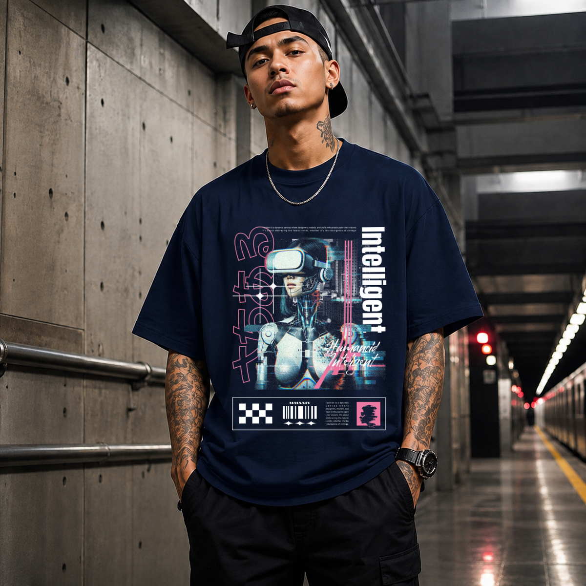 Humanoid Intelligent Cyborg T-Shirt – Vintage Y2K / Acid Graphic Streetwear Tee - Color: Navy