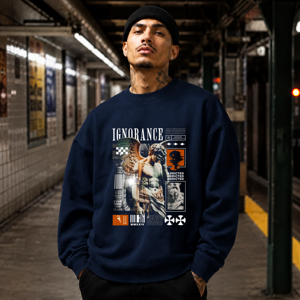 Ignorance Sweatshirt – Experimental Typography Graphic Sweatshirt - Color: navy