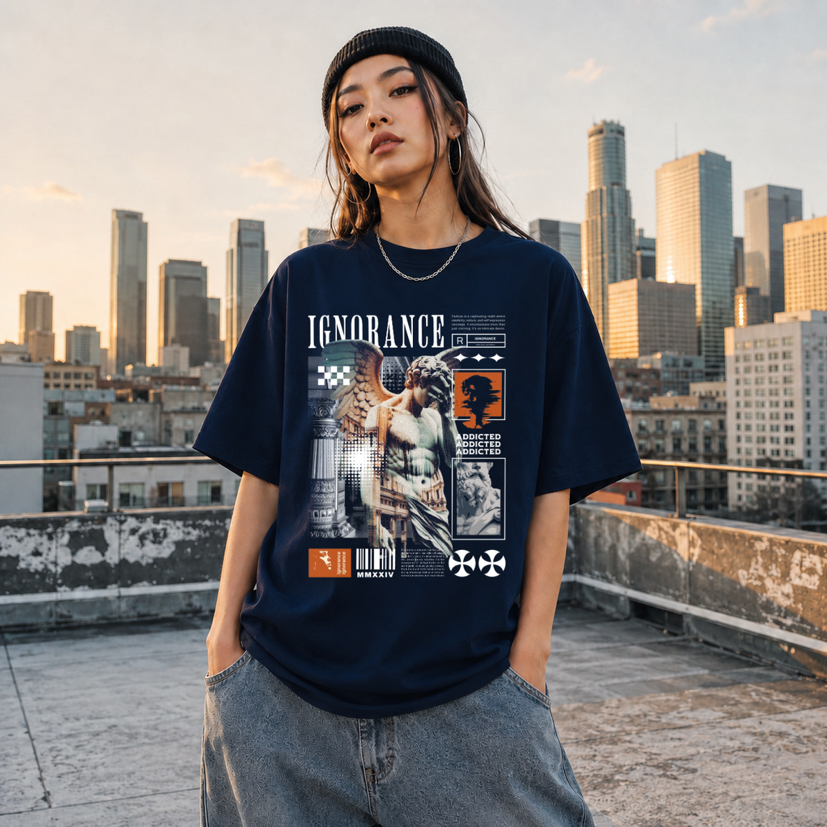 Ignorance T-Shirt – Experimental Typography Graphic Tee - Color: Navy