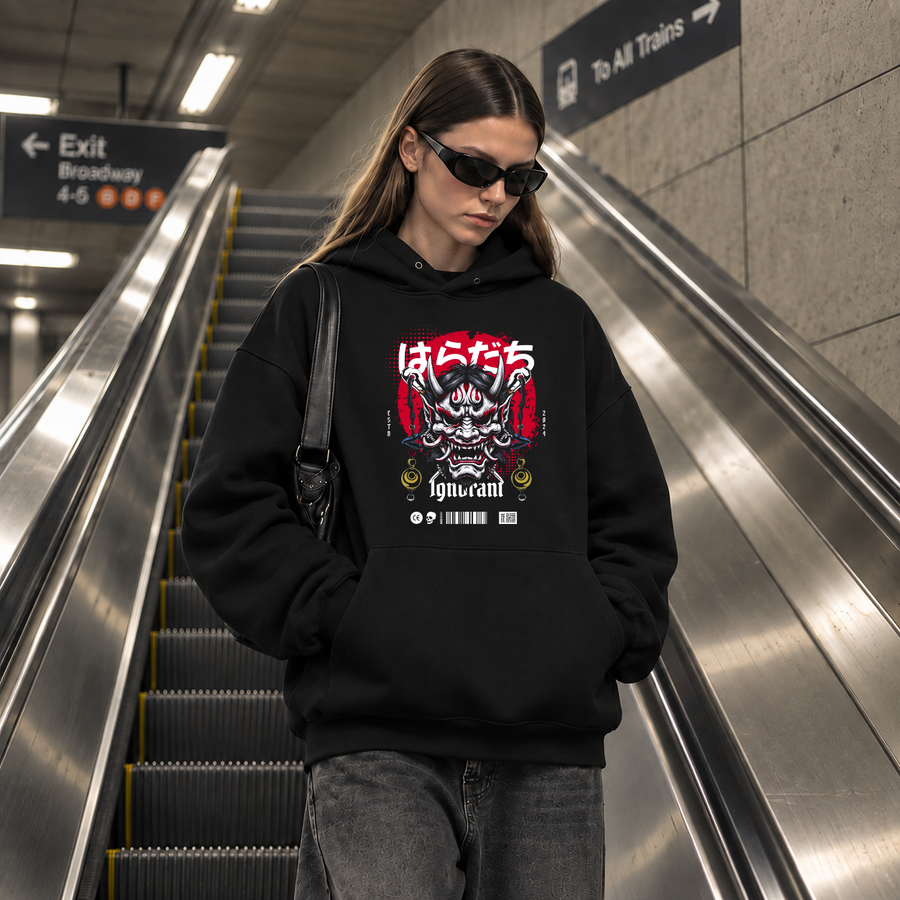 Ignorant and Anger Oni Mask Hoodie – Gothic Streetwear Poster Graphic Hoodie - Color: black