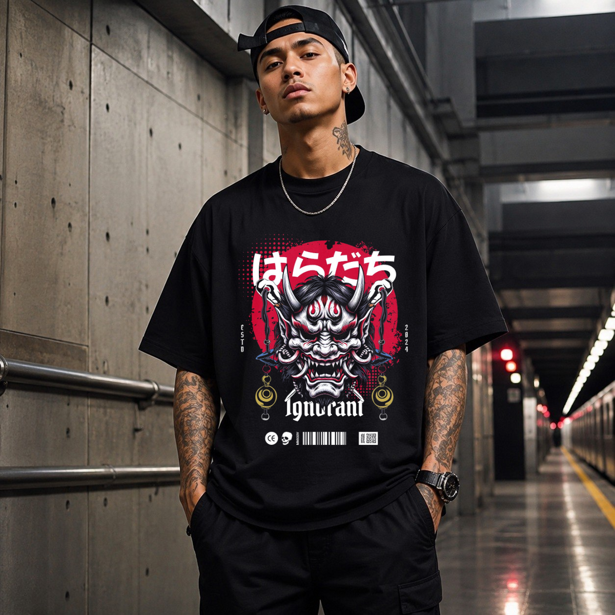 Ignorant and Anger Oni Mask T-Shirt – Gothic Streetwear Poster Graphic Tee - Color: Black