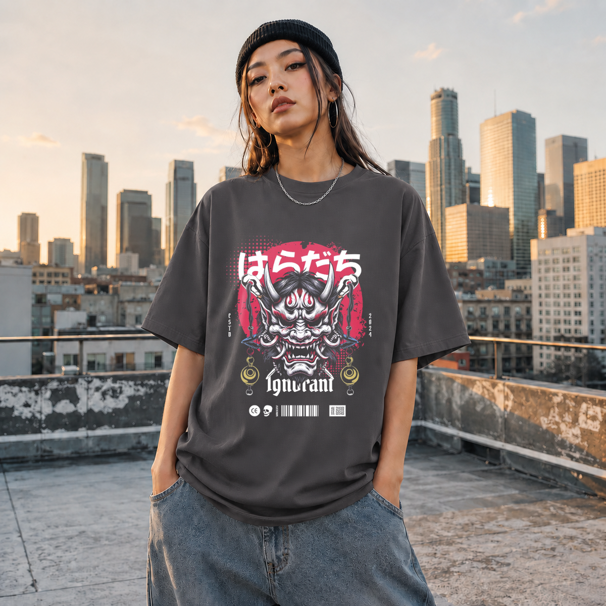 Ignorant and Anger Oni Mask T-Shirt – Gothic Streetwear Poster Graphic Tee - Color: Charcoal