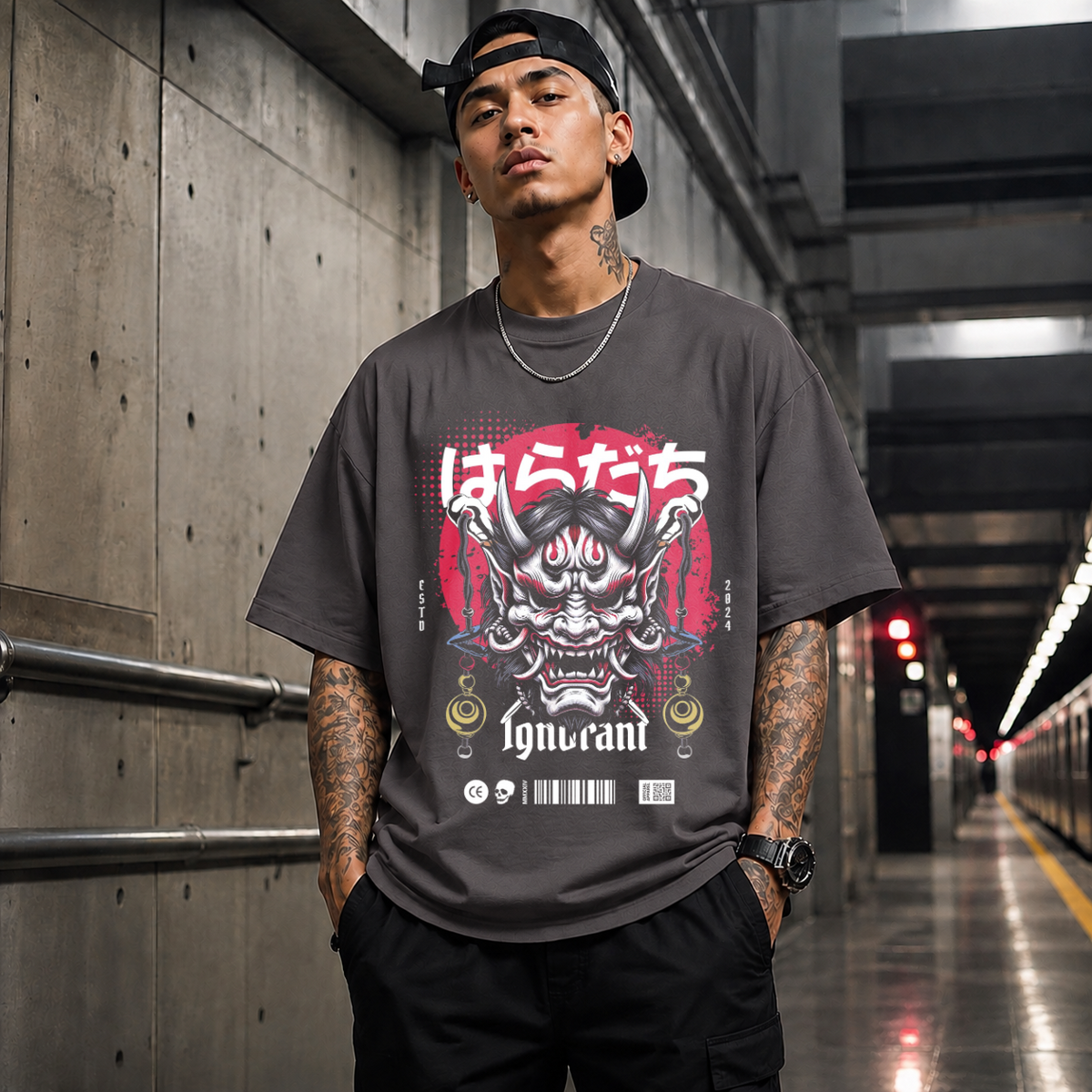Ignorant and Anger Oni Mask T-Shirt – Gothic Streetwear Poster Graphic Tee - Color: Charcoal