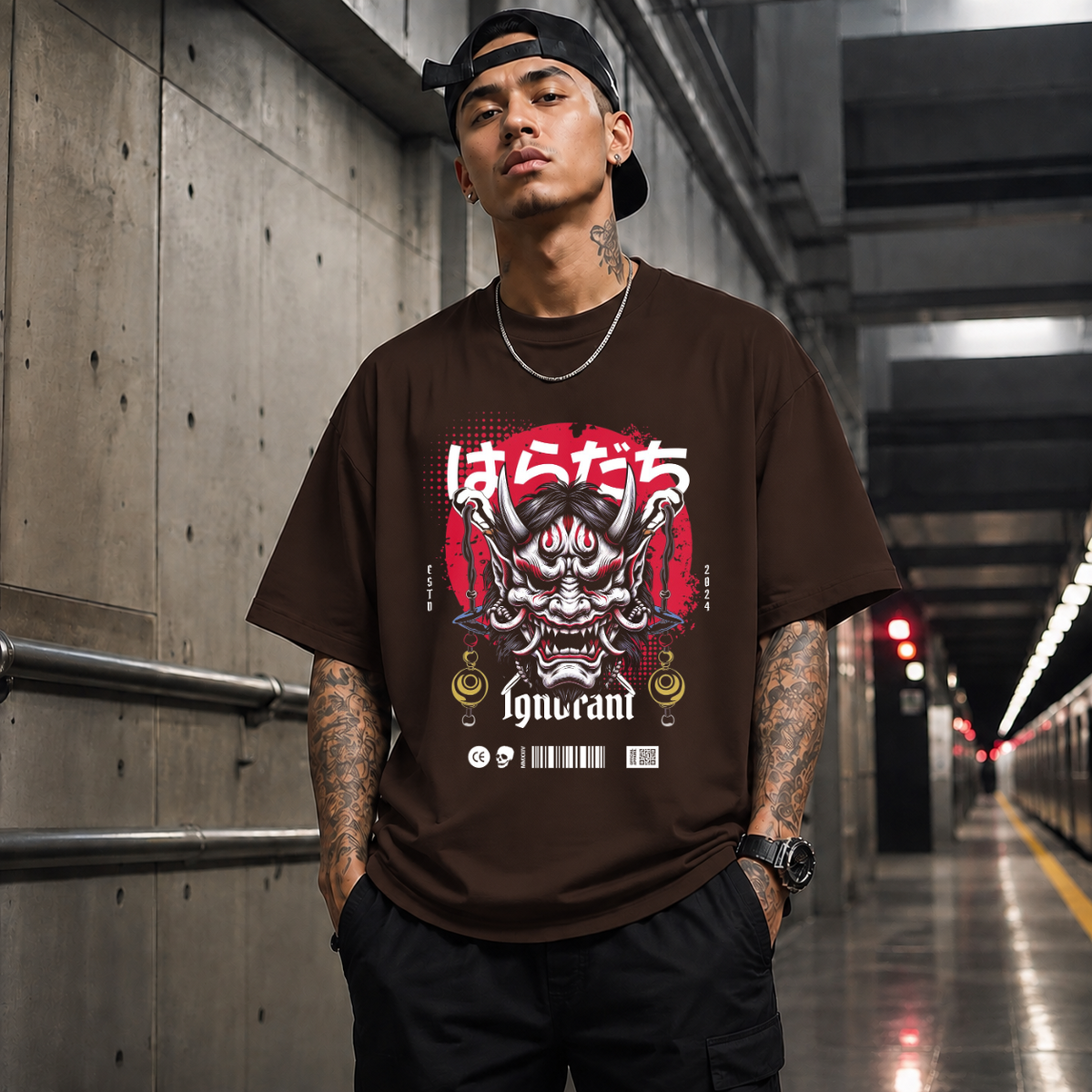 Ignorant and Anger Oni Mask T-Shirt – Gothic Streetwear Poster Graphic Tee - Color: Dark Chocolate