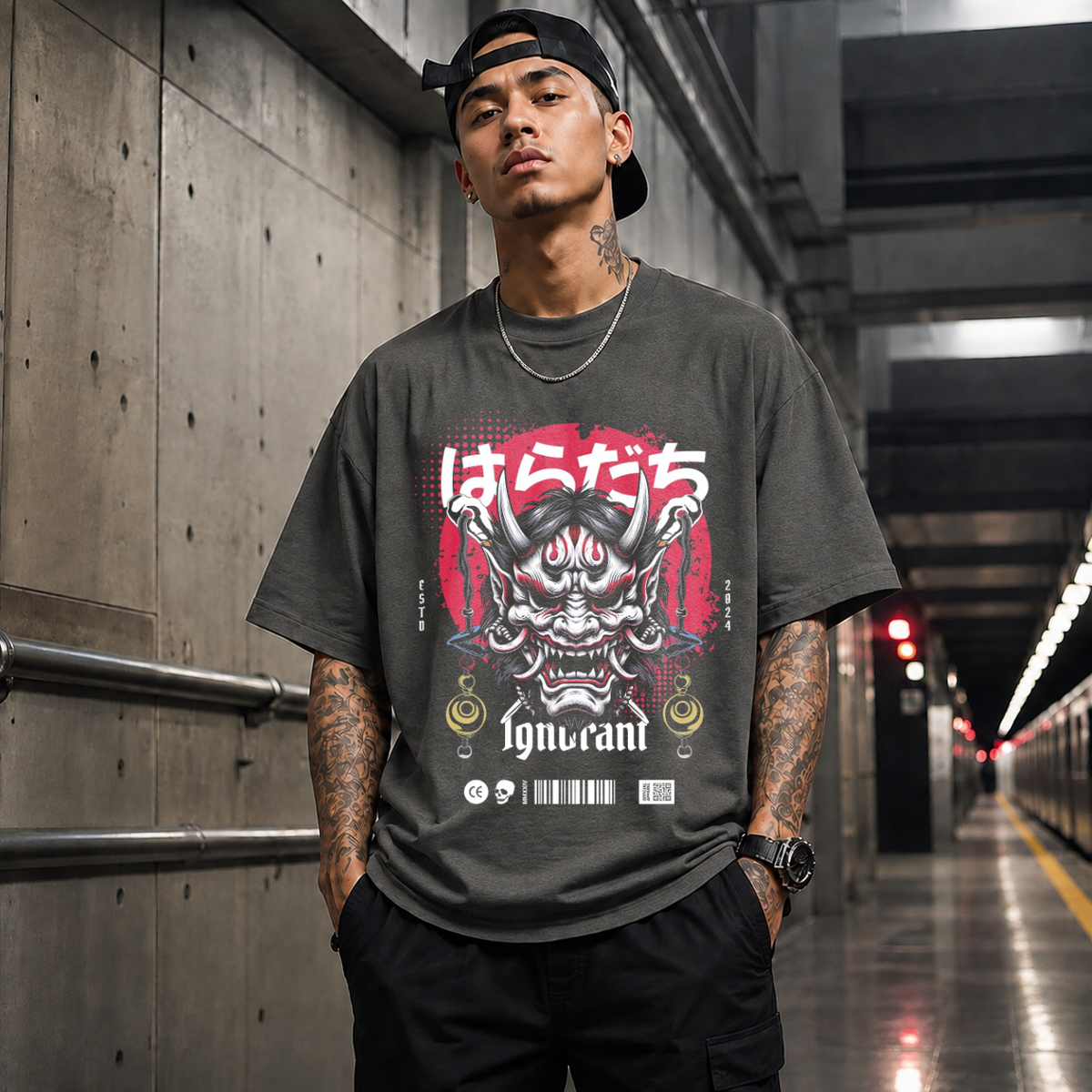 Ignorant and Anger Oni Mask T-Shirt – Gothic Streetwear Poster Graphic Tee - Color: Dark Heather