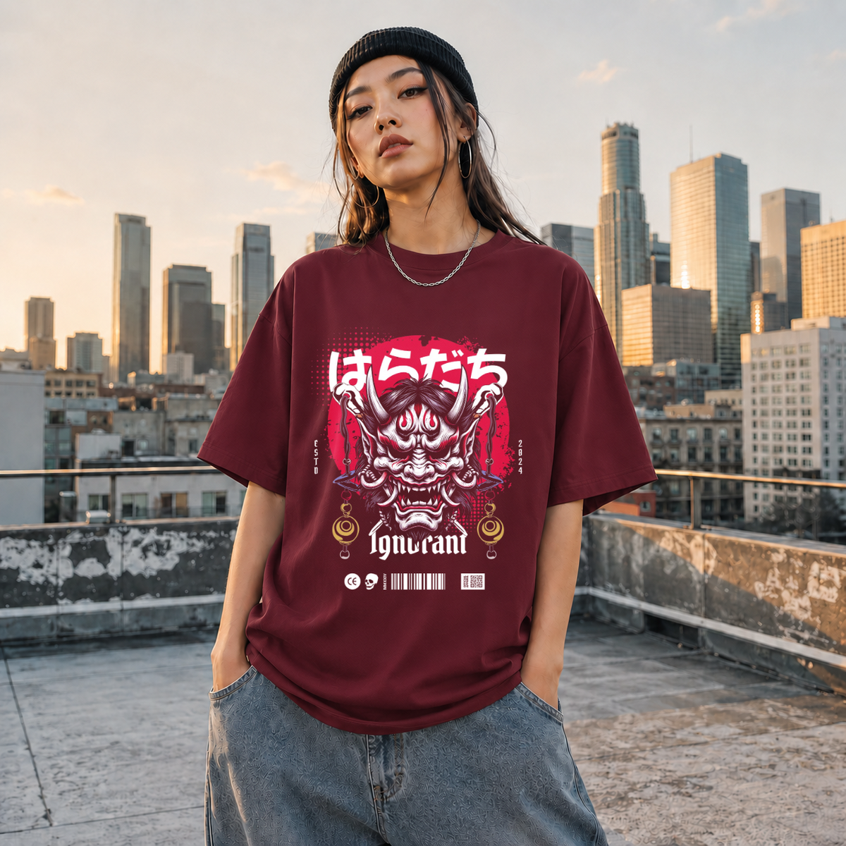 Ignorant and Anger Oni Mask T-Shirt – Gothic Streetwear Poster Graphic Tee - Color: Maroon