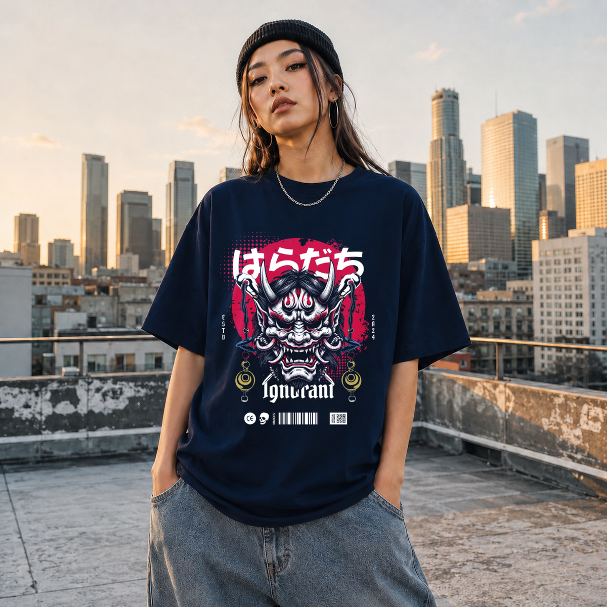 Ignorant and Anger Oni Mask T-Shirt – Gothic Streetwear Poster Graphic Tee - Color: Navy