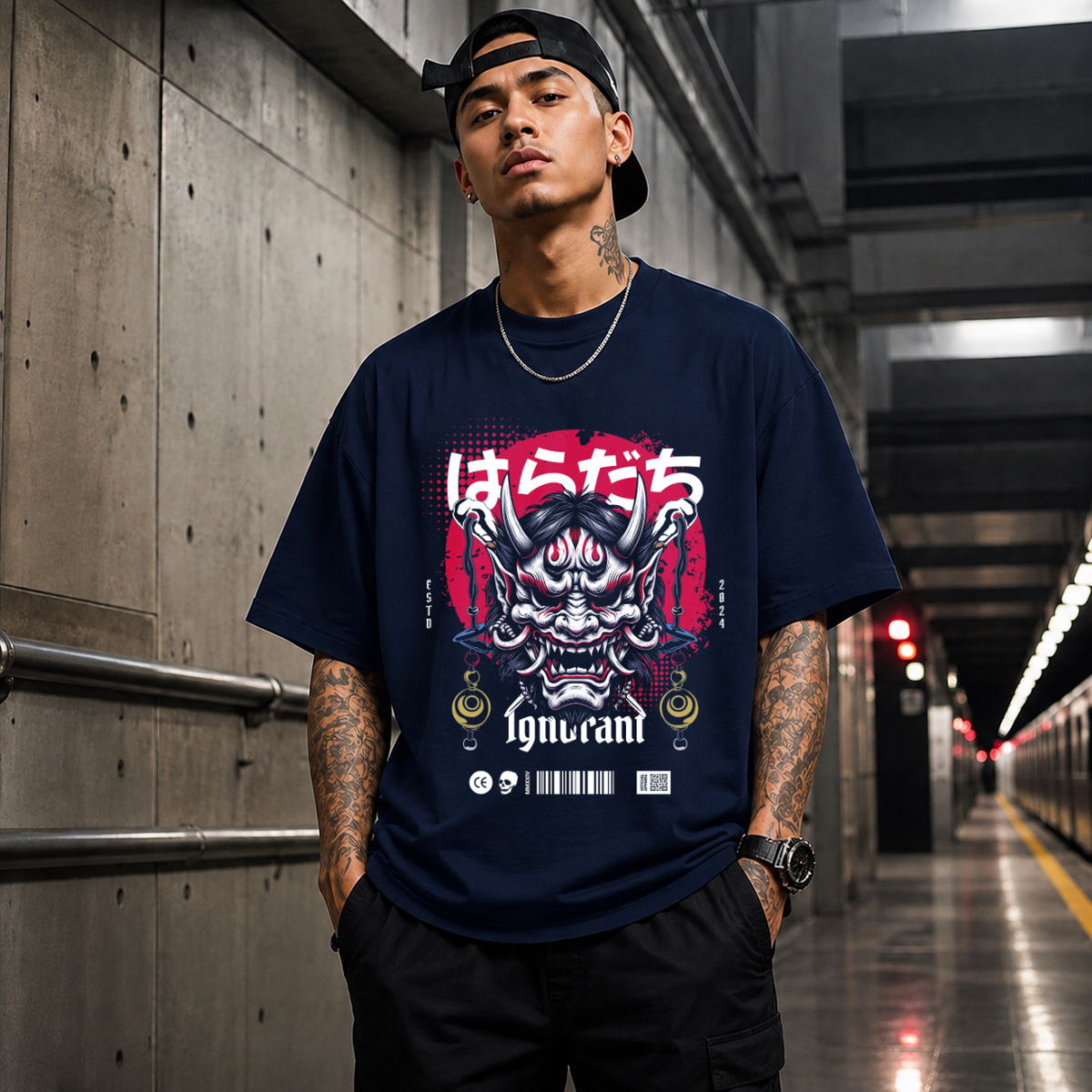 Ignorant and Anger Oni Mask T-Shirt – Gothic Streetwear Poster Graphic Tee - Color: Navy