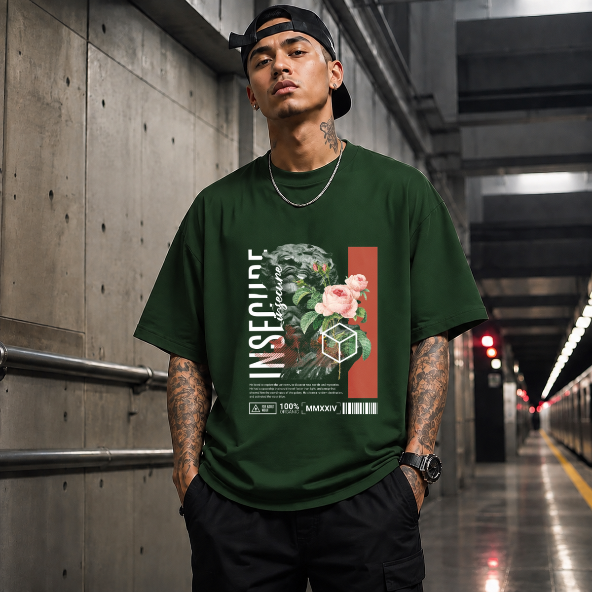 Insecure Floral Statue T-Shirt – Religious Imagery Collage Graphic Tee - Color: Forest Green