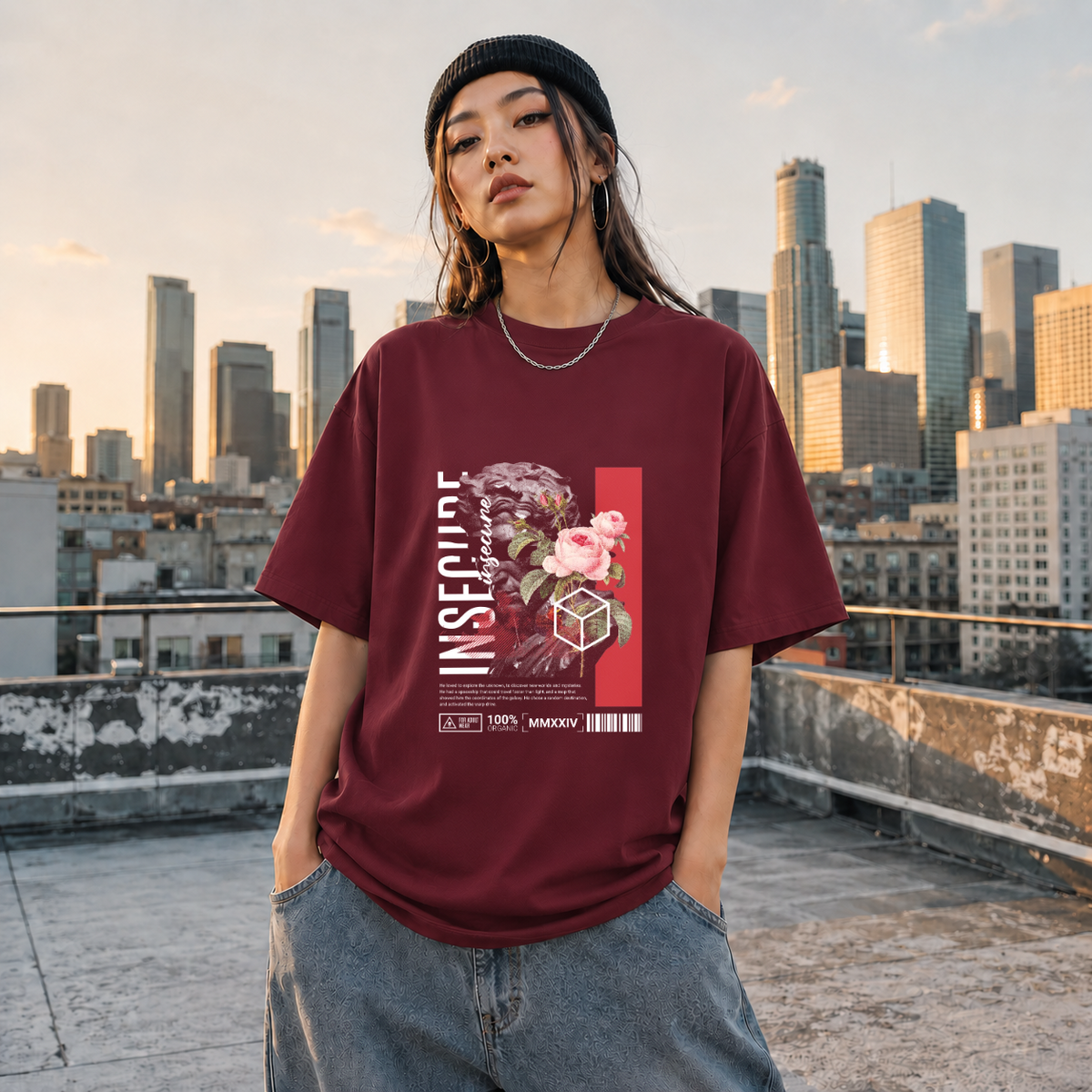 Insecure Floral Statue T-Shirt – Religious Imagery Collage Graphic Tee - Color: Maroon