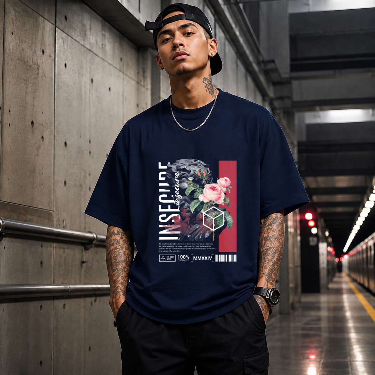 Insecure Floral Statue T-Shirt – Religious Imagery Collage Graphic Tee - Color: Navy