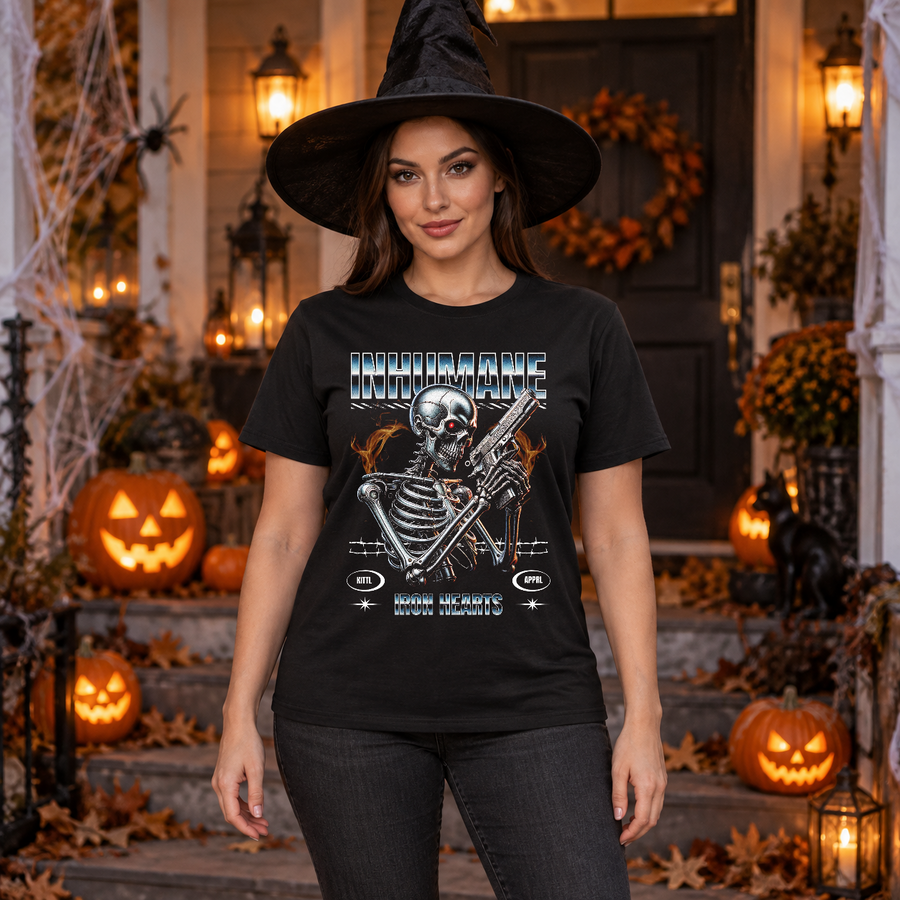 Iron bone skeleton holding a weapon T-Shirt – Skull & Reaper Gothic Graphic Graphic Tee - Color: black