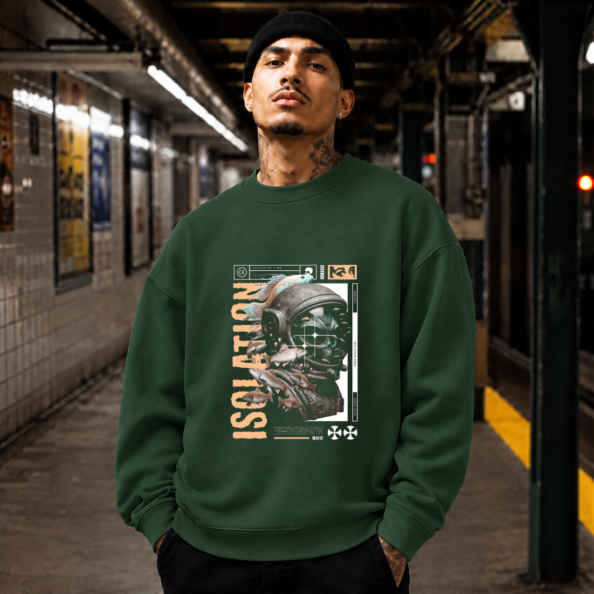 Isolation Area Astronaut Sweatshirt – Experimental Typography Graphic Sweatshirt - Color: forest green