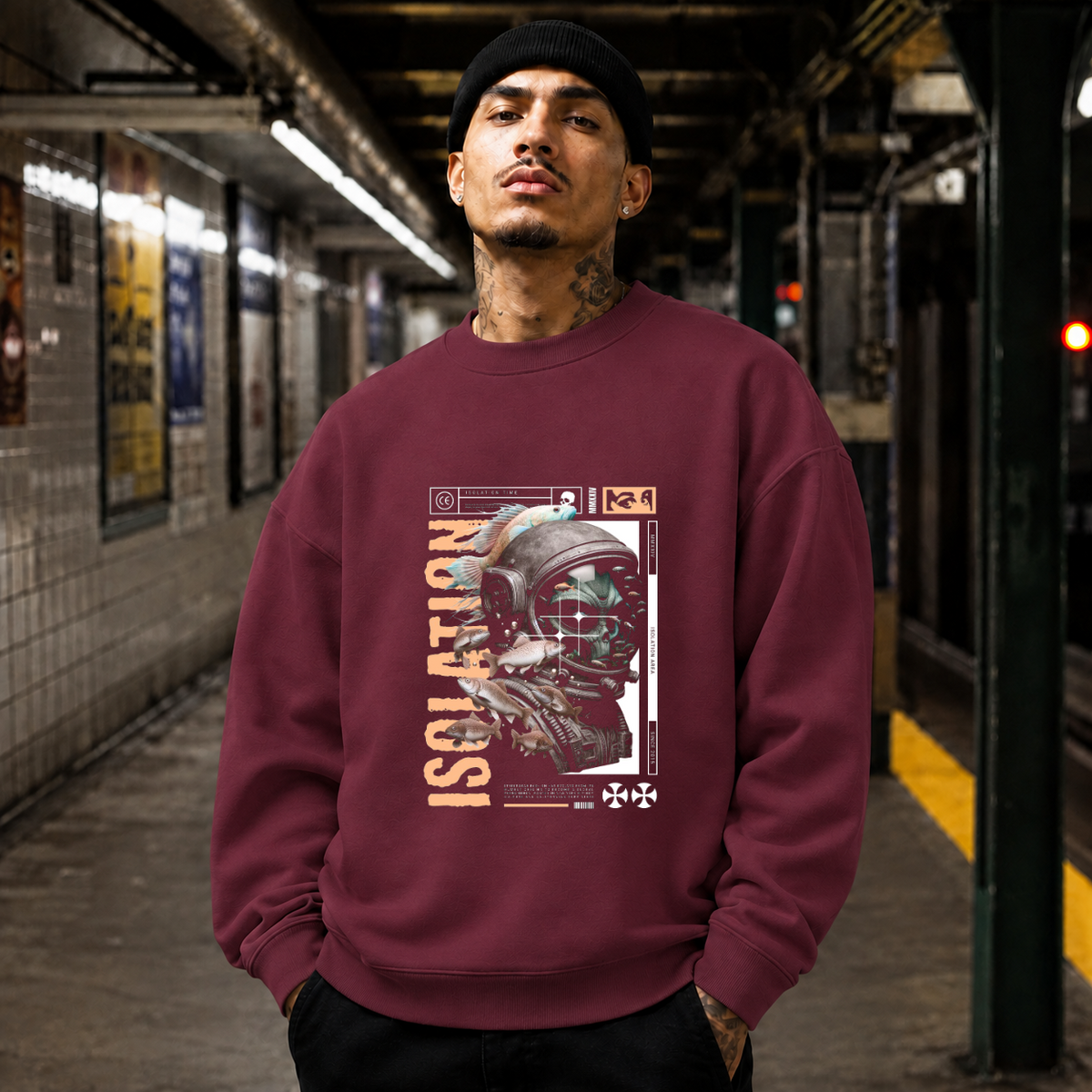 Isolation Area Astronaut Sweatshirt – Experimental Typography Graphic Sweatshirt - Color: maroon