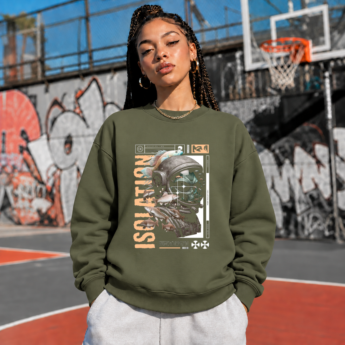 Isolation Area Astronaut Sweatshirt – Experimental Typography Graphic Sweatshirt - Color: military green
