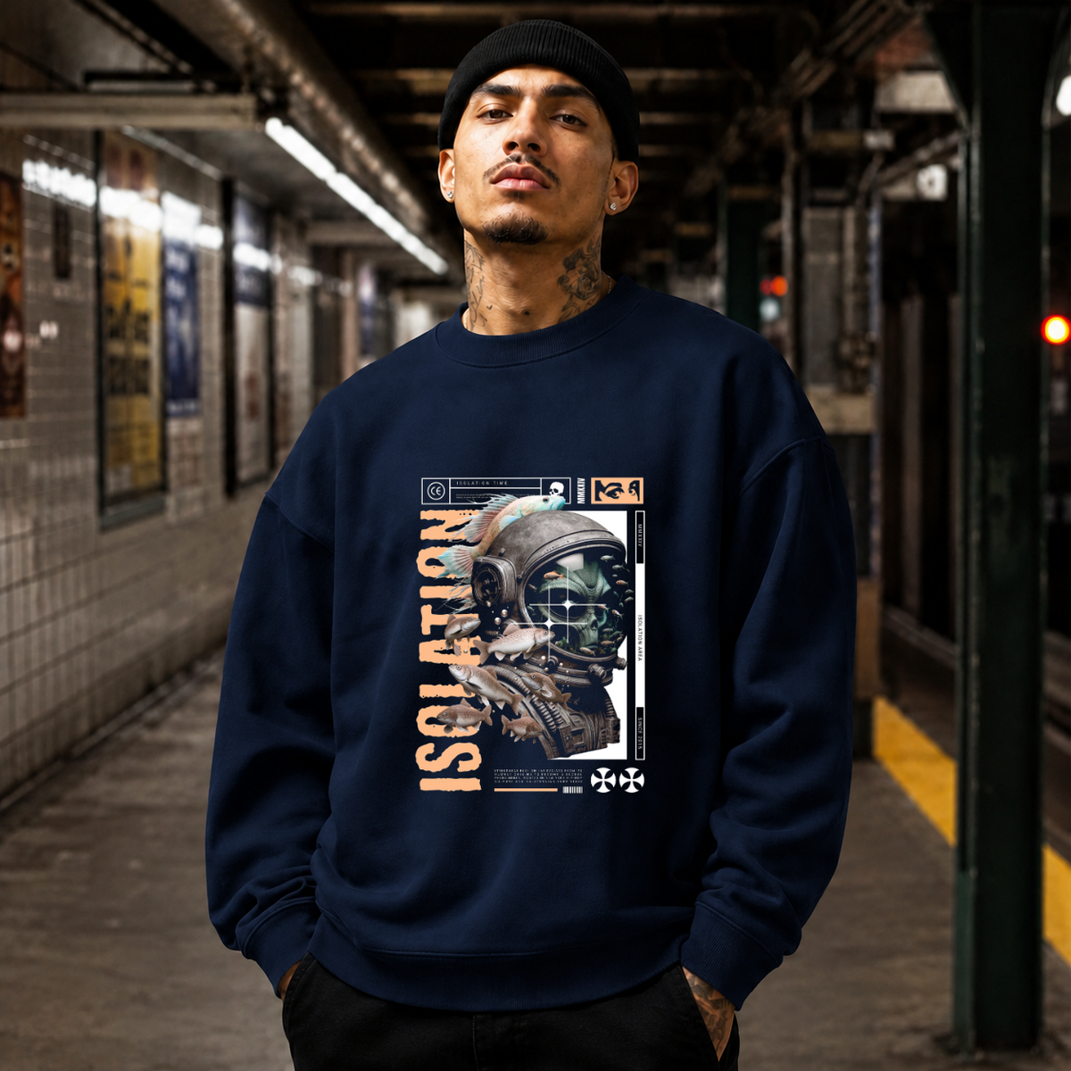 Isolation Area Astronaut Sweatshirt – Experimental Typography Graphic Sweatshirt - Color: navy