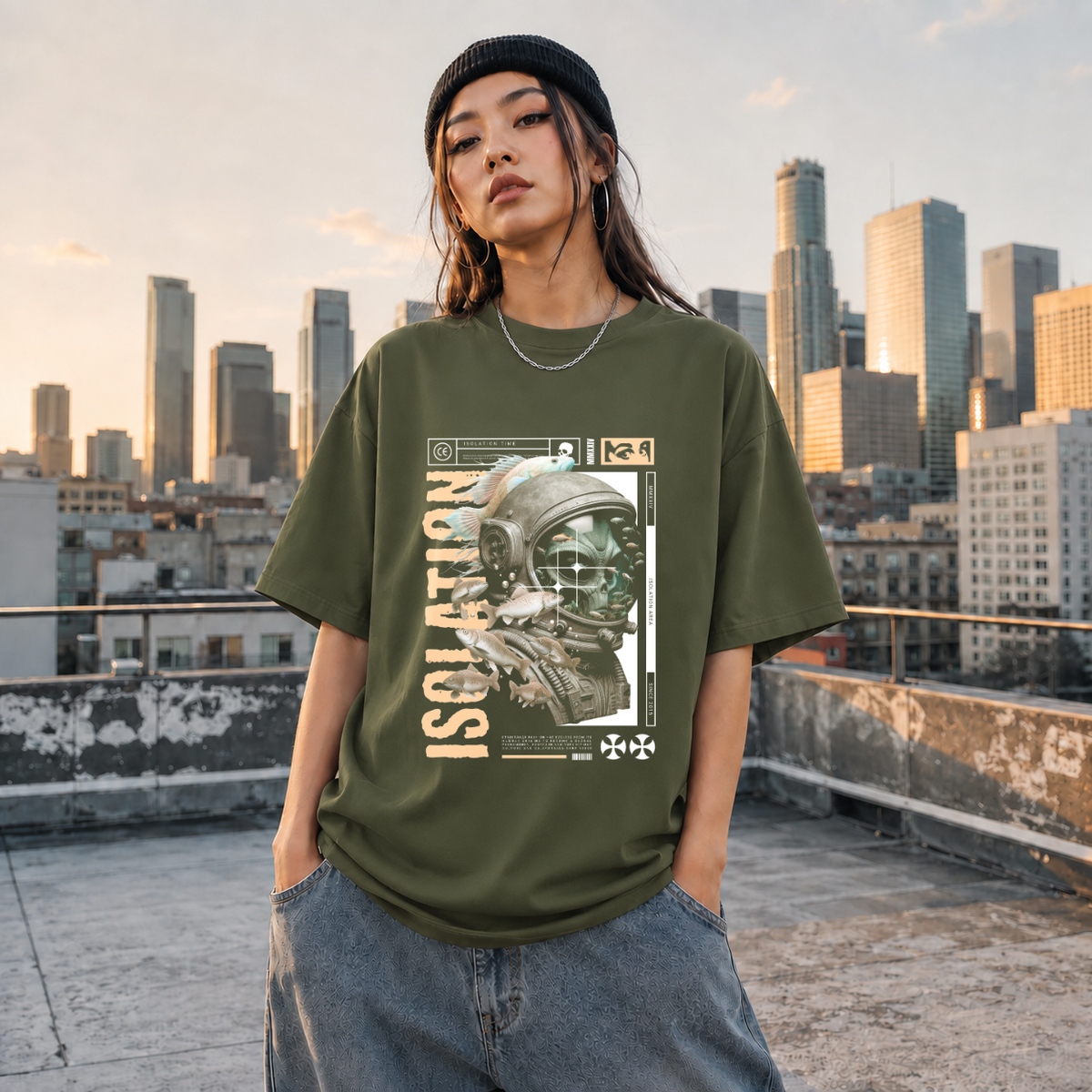 Isolation Area Astronaut T-Shirt – Experimental Typography Graphic Tee - Color: Millitary Green