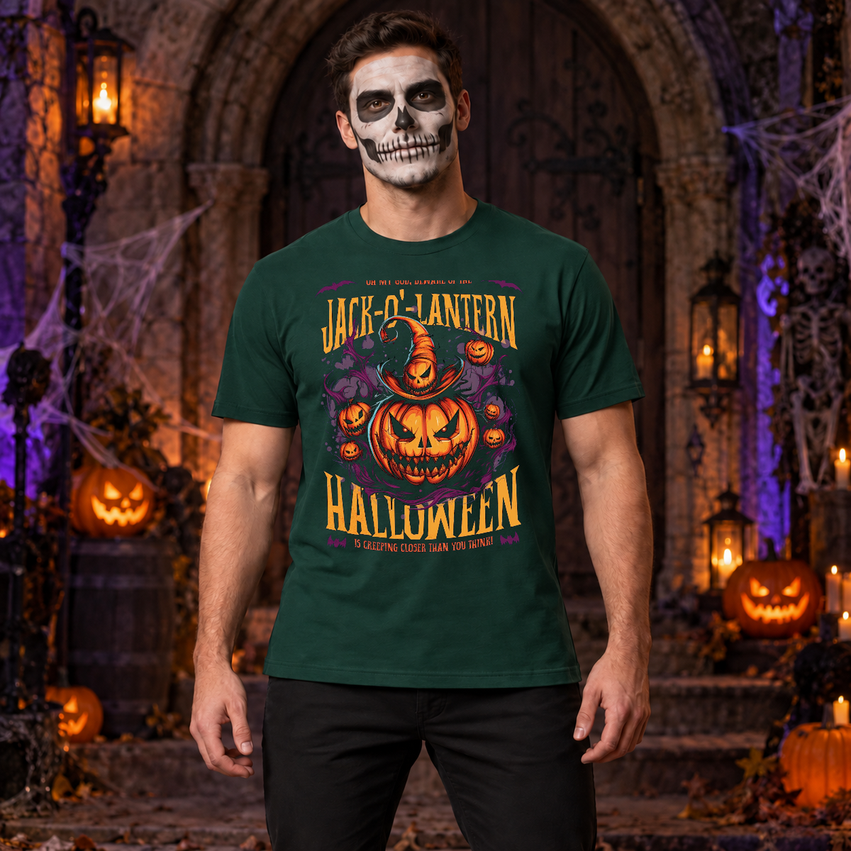 Jack O Lantern Quote Funny Halloween T-Shirt – Funny Halloween Streetwear Graphic Graphic Tee - Color: forest green